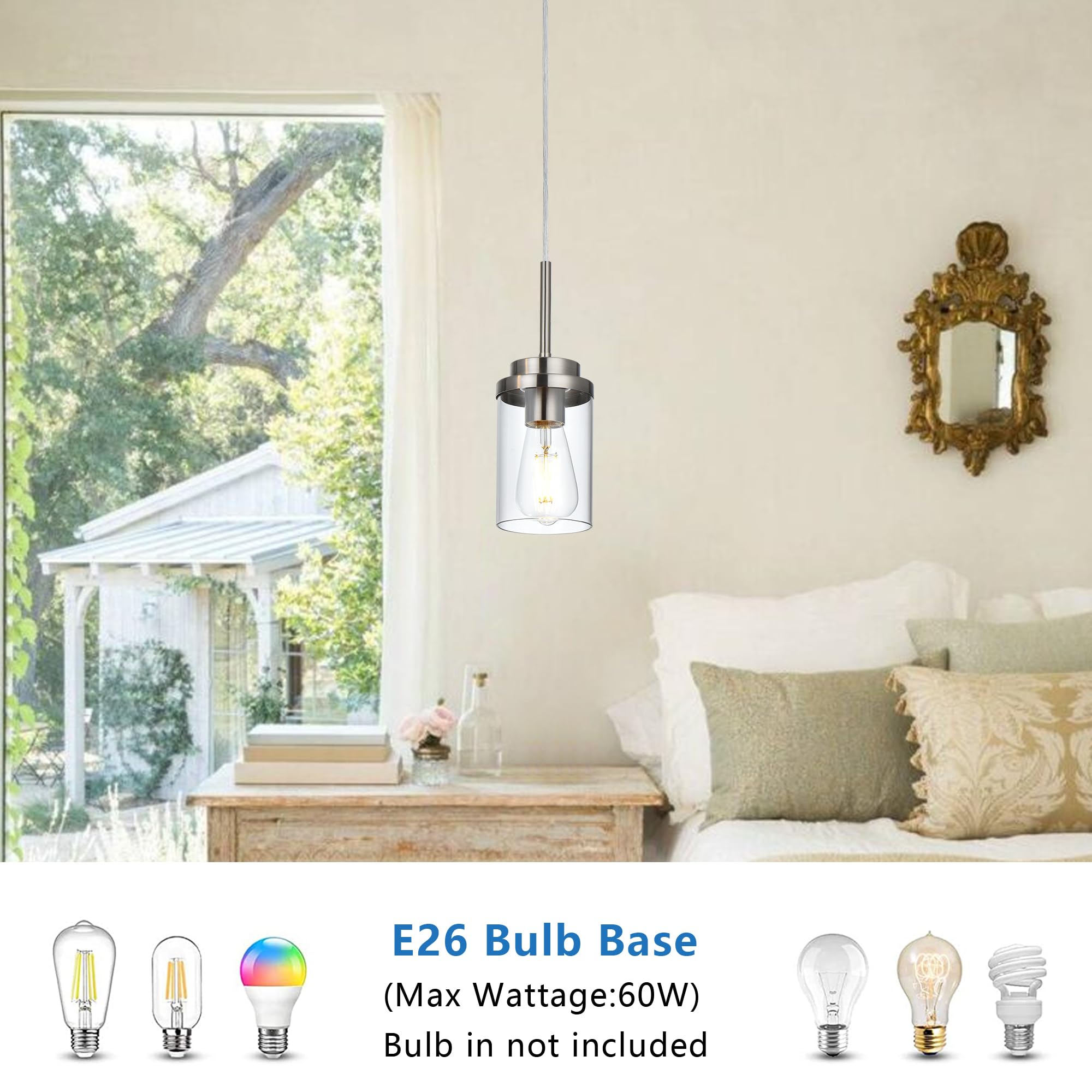 MELUCEE 3 Pack Brushed Nickel Pendant Lights, Adjustable Clear Glass Shade, Modern Ceiling Lamp for Kitchen Island, Model 4-4501-3P-3SN