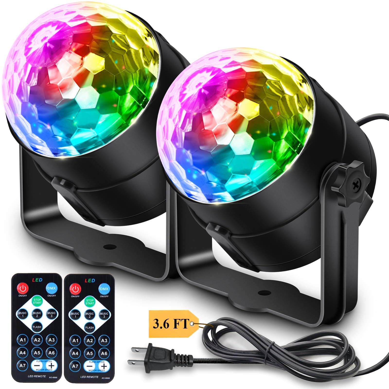 Apeocose Disco Party Lights 2 Pack, Sound Activated, Remote Control, Music Sync, Black, Model MU00101A