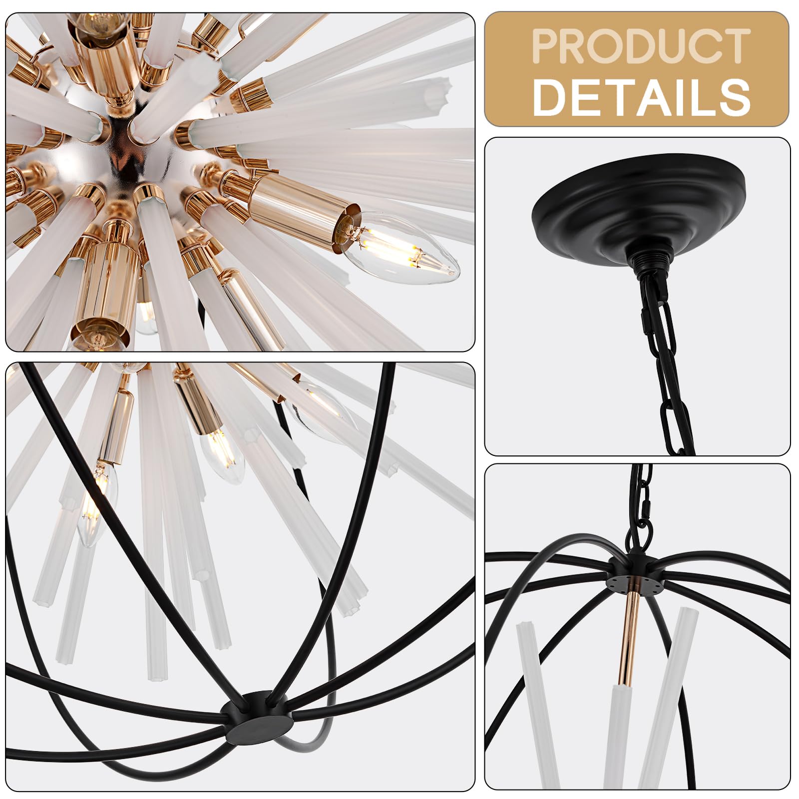 TACDANDM 31.5" Black Gold 16-Light Globe Sputnik Chandelier, Metal, Adjustable Ceiling Pendant Light for Entryway, Dining, Living Room