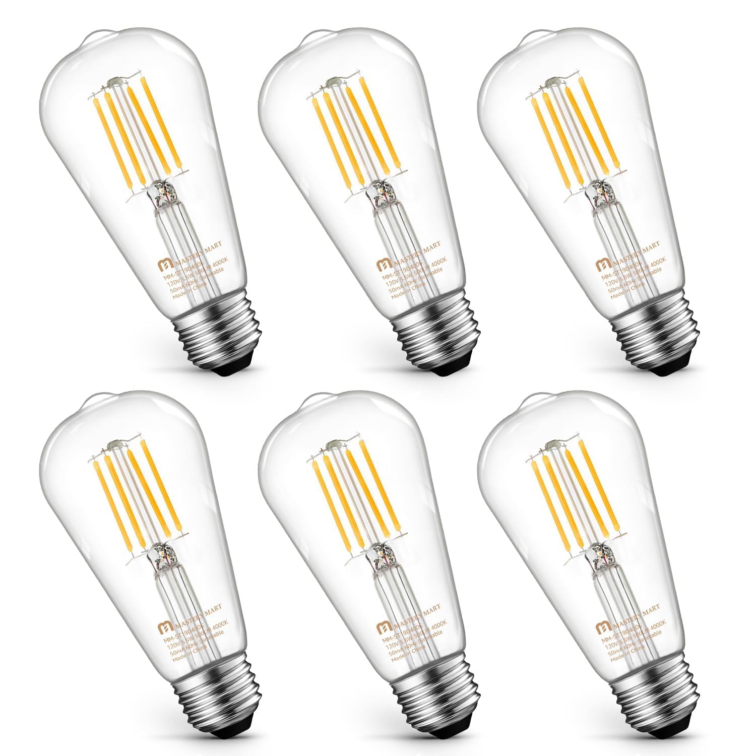 MASTERY MART Edison Bulbs Dimmable 5.5W E26 LED 4000K Cool White Glass, 6 Pack, Model MM-ST19