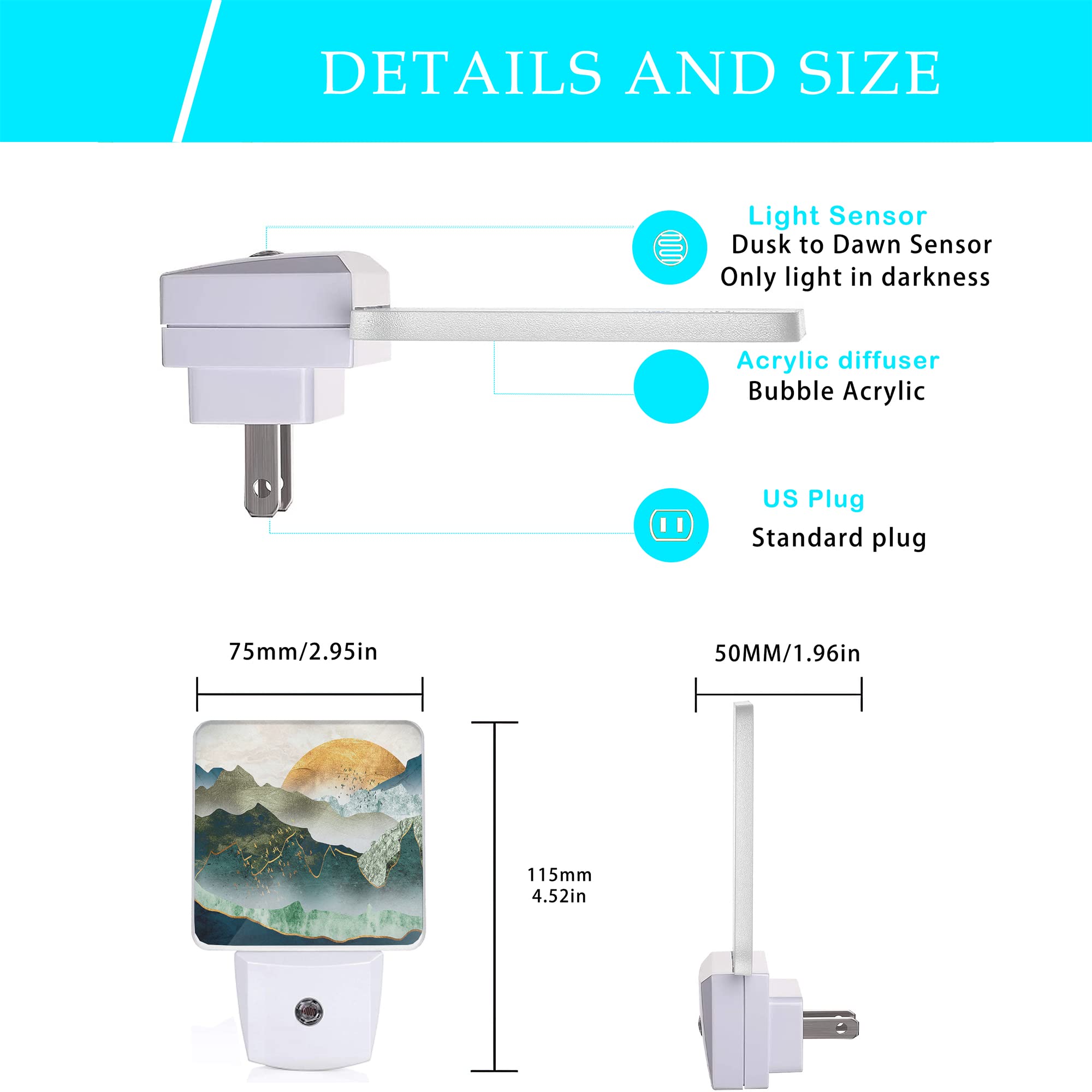 Oeaskly Mountain Night Light,Green Mountains Golden Sunset Plug In Night Lights Auto Led Lamp Energy Saving Square Lights For Boys Girls Men Women