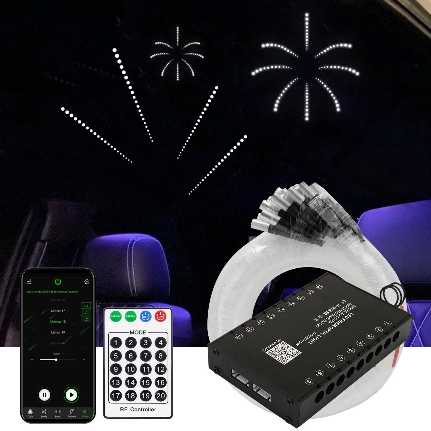 AZIMOM Meteor Shower Lighting Kit - 144pcs Optical Fibers, 9W Remote Control, RGB-ME Model, Black