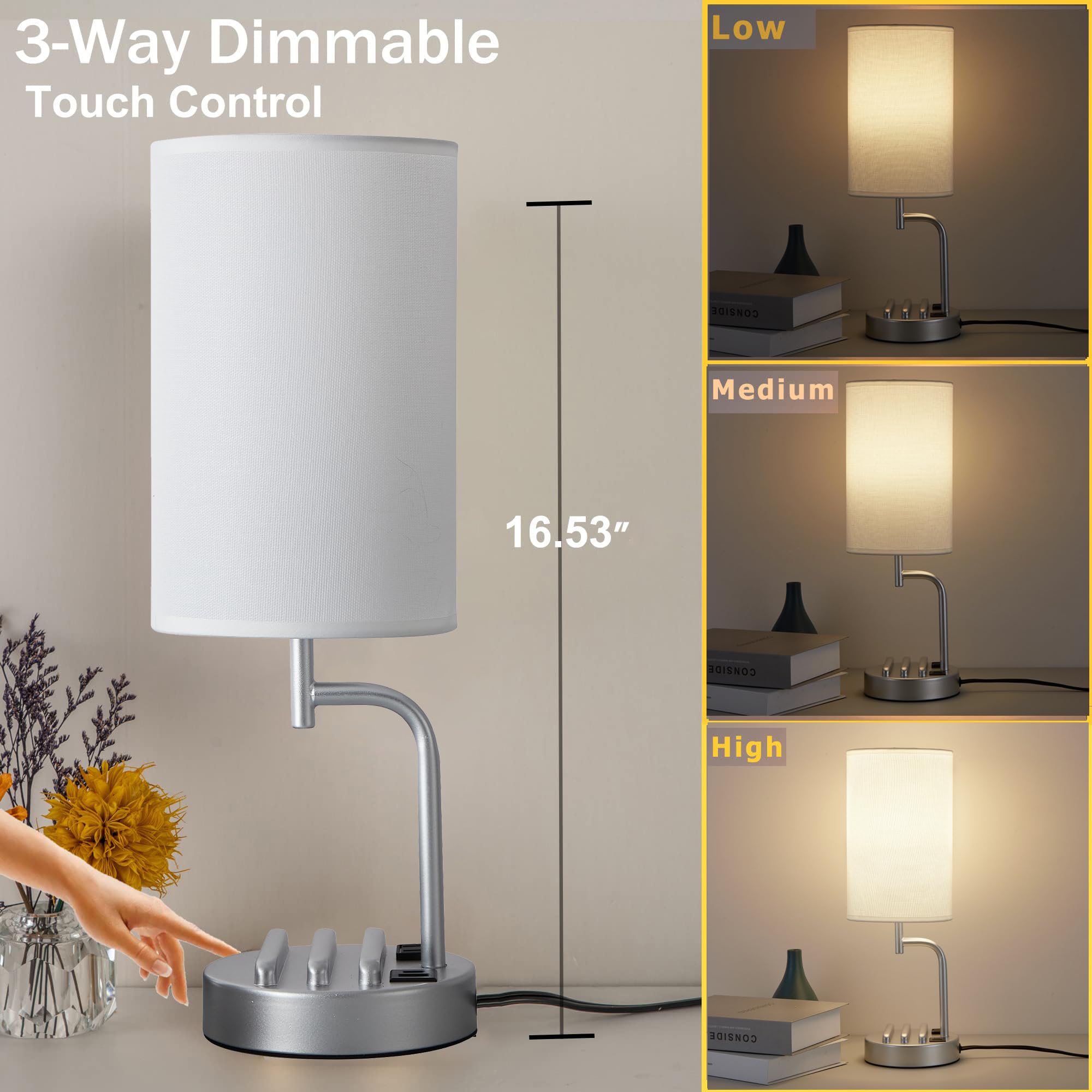 Dreamholder USB Table Lamp, 3-Way Dimmable, Charging Ports & AC Outlet, Silver