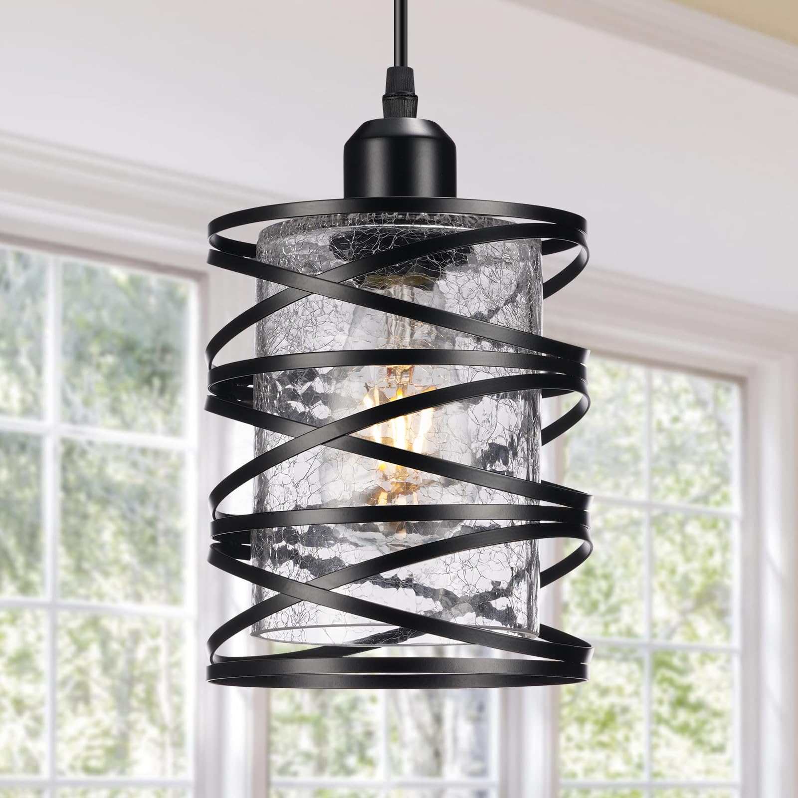 3 Pack Black Farmhouse Pendant Lights Kitchen Island Decor, Modern Crackle Glass Over Sink Pendant Light Fixture, Adjustable Bar Lights Hanging Light For Dining Room, Bedroom, Entryway, Porch, Hallway
