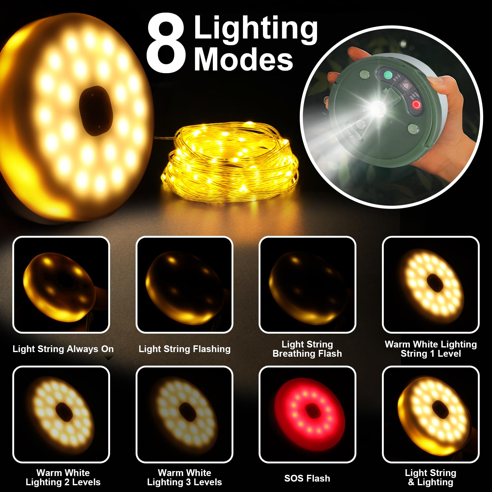 HELESIN Camping String Lights, 4-in-1 USB Rechargeable, Waterproof, 8 Modes, Deep Warmwhite, Model D-USB-YYD-1PCS