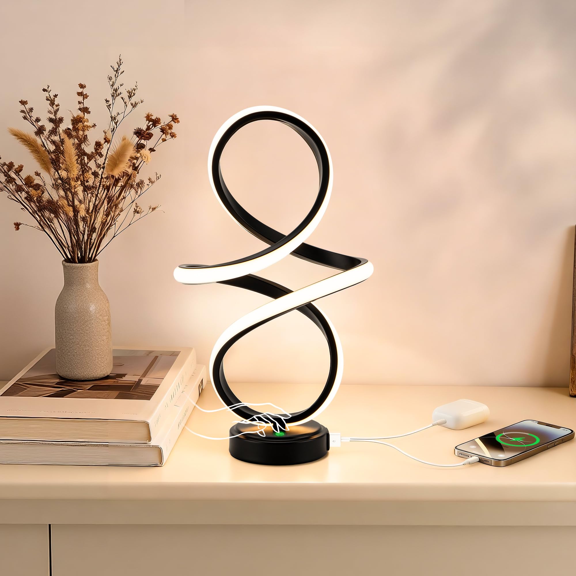 Mayful Modern Spiral Table Lamp  Bedside Lamp with USB C & A Ports  Touch Control Dimmable with 3 Color Temperatures Unique LED Lamp for Nightstand Bedroom Office Living Room  Black