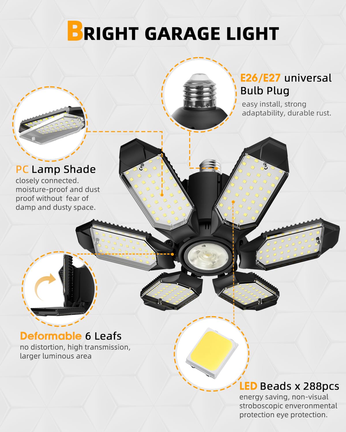 Adiding Led Garage Light, Bright 10000 Lumen Led Workshop Basement Lighting Fixture Fit For E26 E27 Bulb Socket With Adjustable
