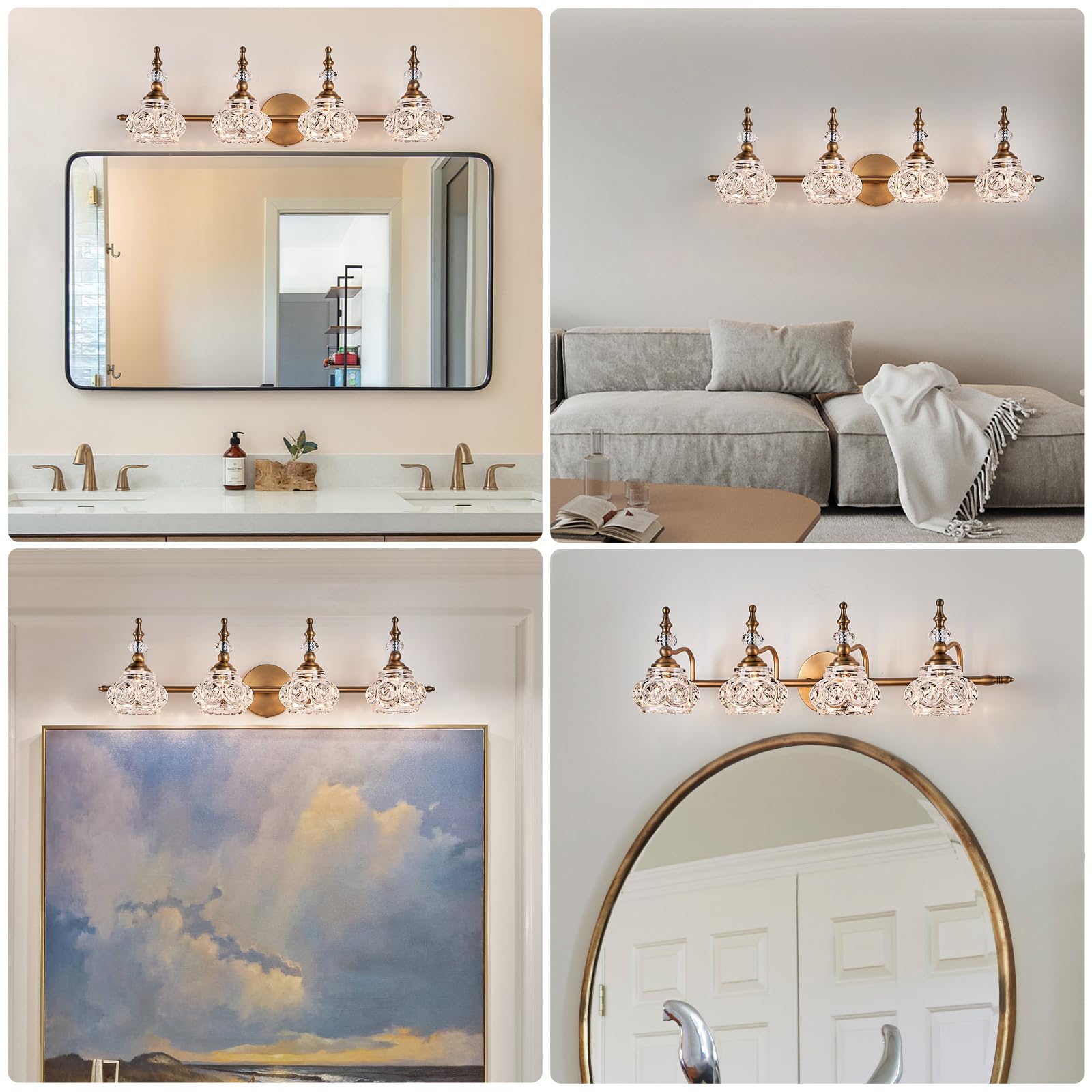 DJFHKO Vintage Bathroom Light Fixtures 4 Light Vanity Lighting Fixtures Brass Bathroom Vanity Light