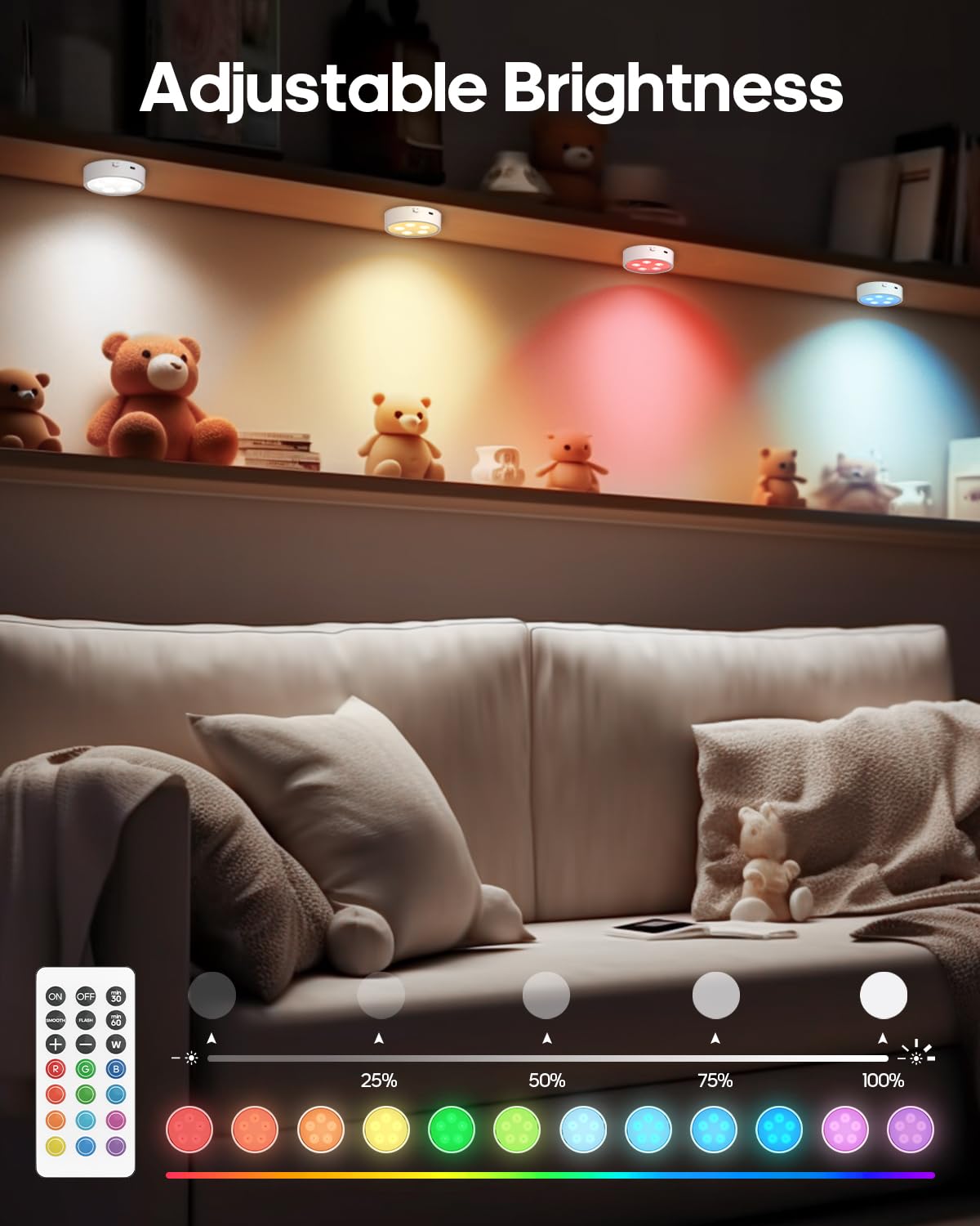 Goodea.Fun Puck Lights With Remote Control,Under Cabinet Lighting Magnetic,Led Closet Lights Rechargeable,Dimming Tap Light, Sti