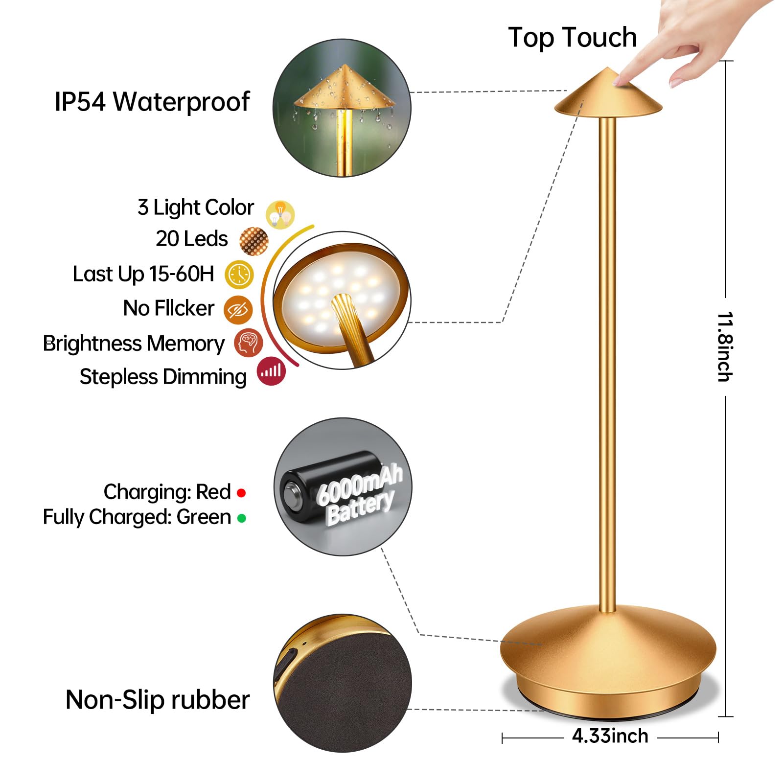 XMINKDZA Portable LED Table Lamp 2 Pack, Rechargeable 6000mAh, Dimmable, IP54 Waterproof, Bronze, Model XDJDSJBBM
