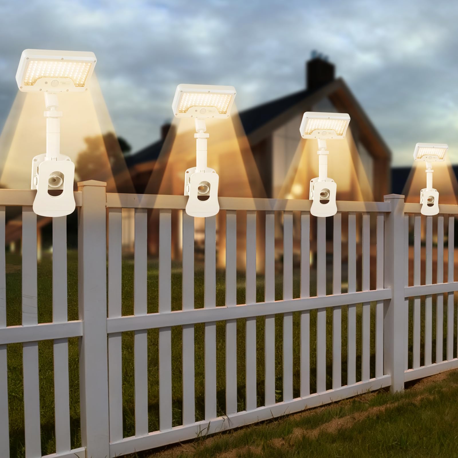 Clip On Solar Lights Outdoor with Motion Sensor  360Rotatable & Vertically Adjustable Solar Fence Lights with 92 LEDs (600 LM  3000 K) IP65 Waterproof Security Light for Deck  Gutter(White  4 Pack)