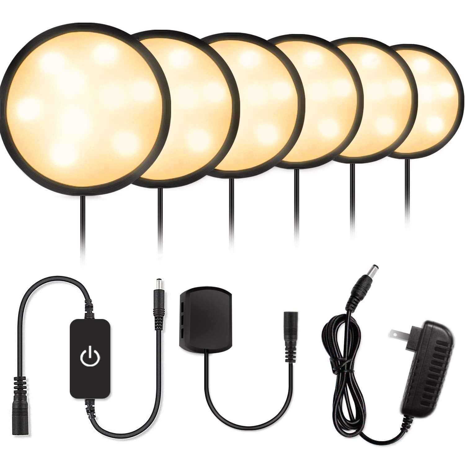YGS-Tech LED Under Cabinet Lighting Kit, 1020 Lumens, Warm White, 6-Pack, Aluminum, Touch Dimming, Black Trim