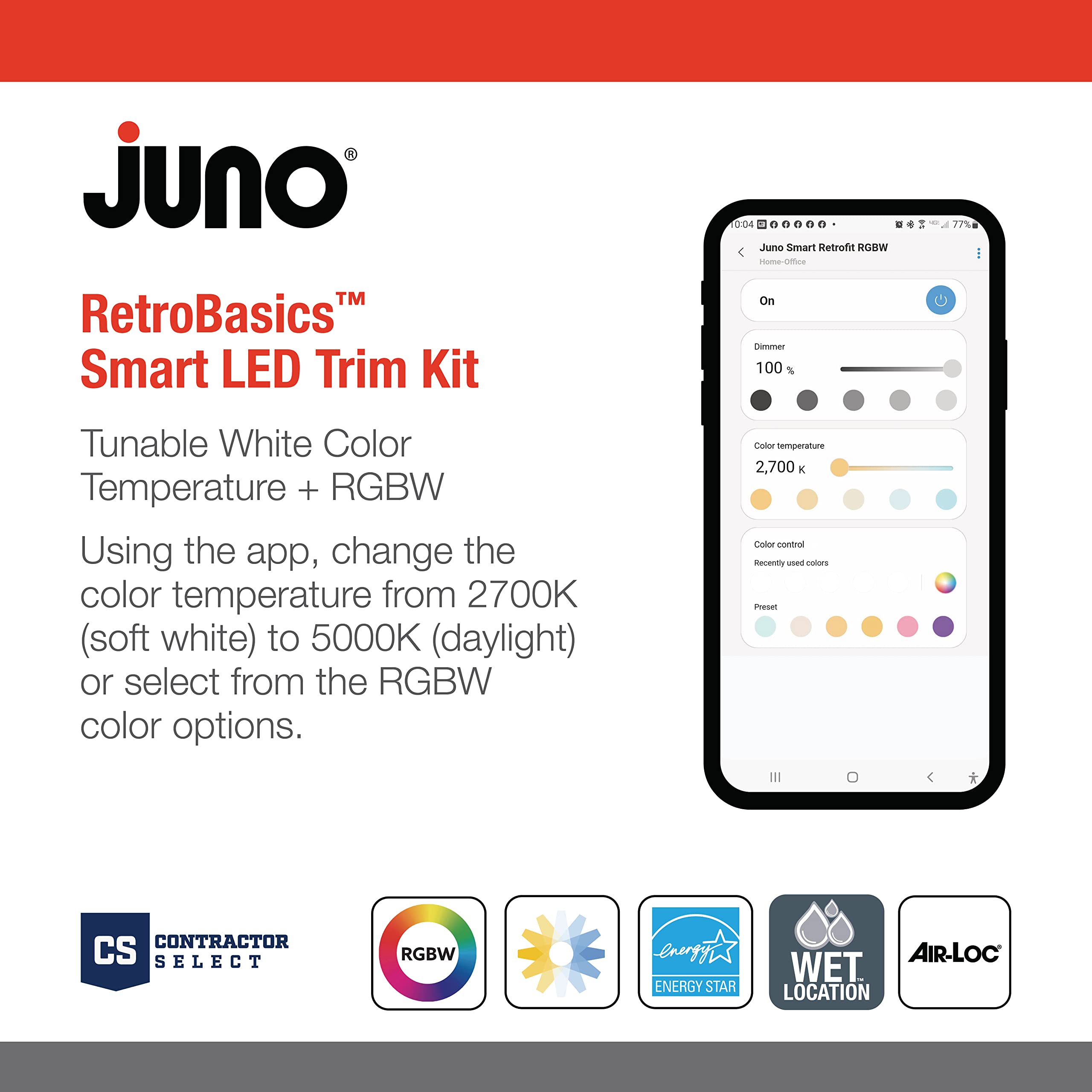 Juno RB56SC RGBW Smart LED Downlight, 5/6-Inch, Switchable 2700K-5000K, RGBW Color Changing, Matte White, 4-Pack