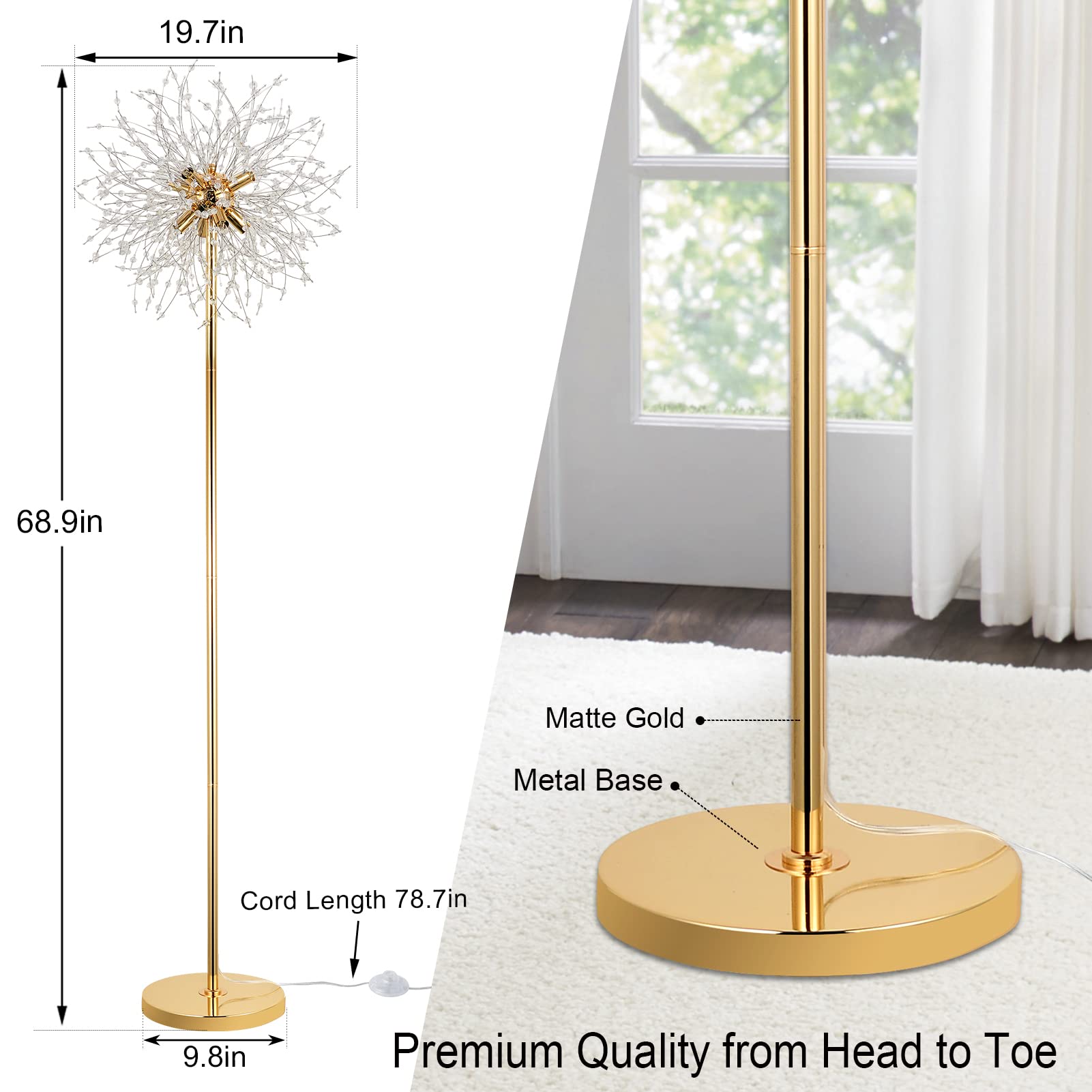 69 Inch Crystal Floor Lamp, Modern Standing Lamp With K9 Crystal, Led Floor Lamp With On/Off Foot Switch, Metal Tall Pole Lamp For Living Room, Girls Room, Bedroom, Dresser, Office, Gold Finish