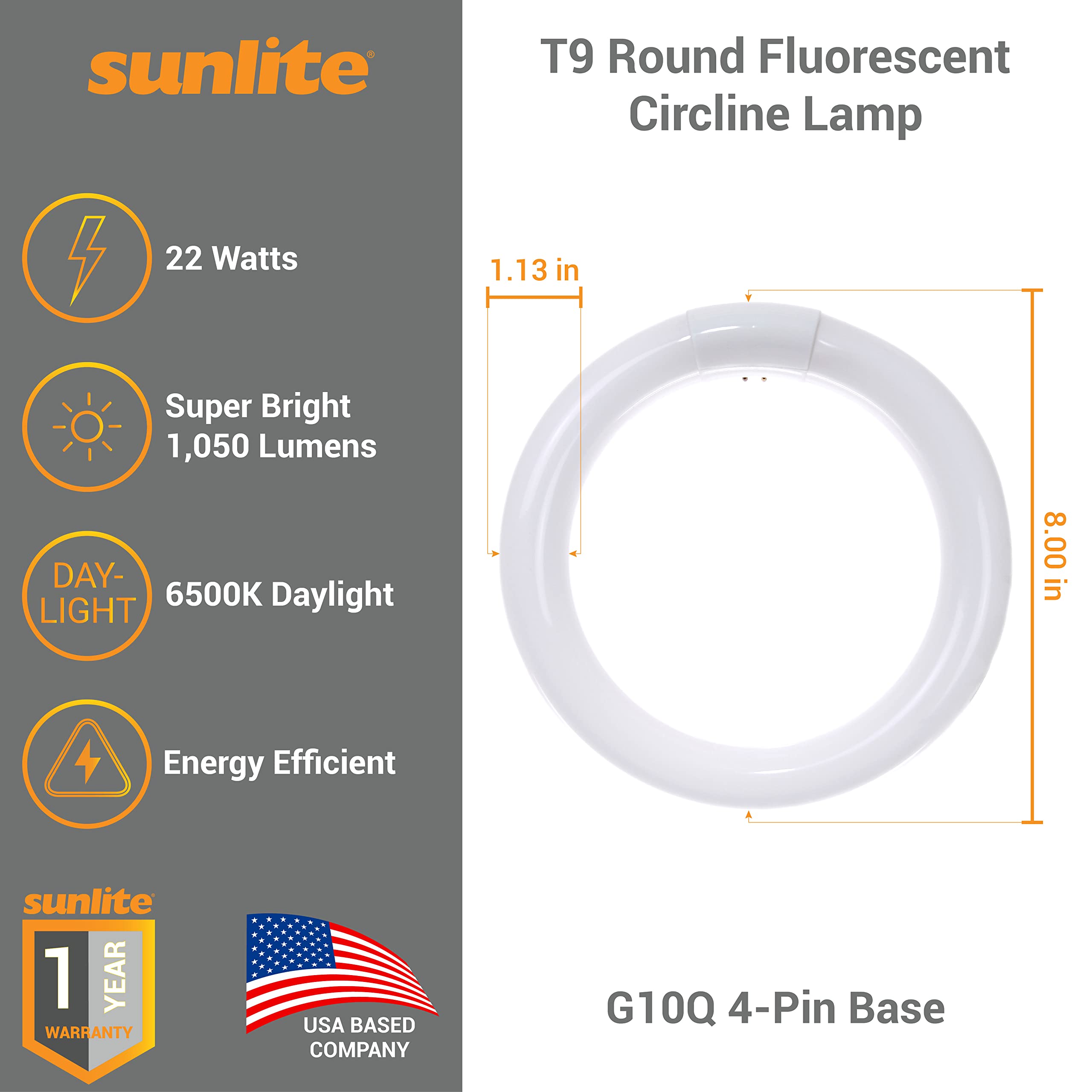 Sunlite T9 Round Fluorescent Circline Lamp 22W 1050 Lumens G10Q 4-Pin Base 6500K Daylight 1 Pack