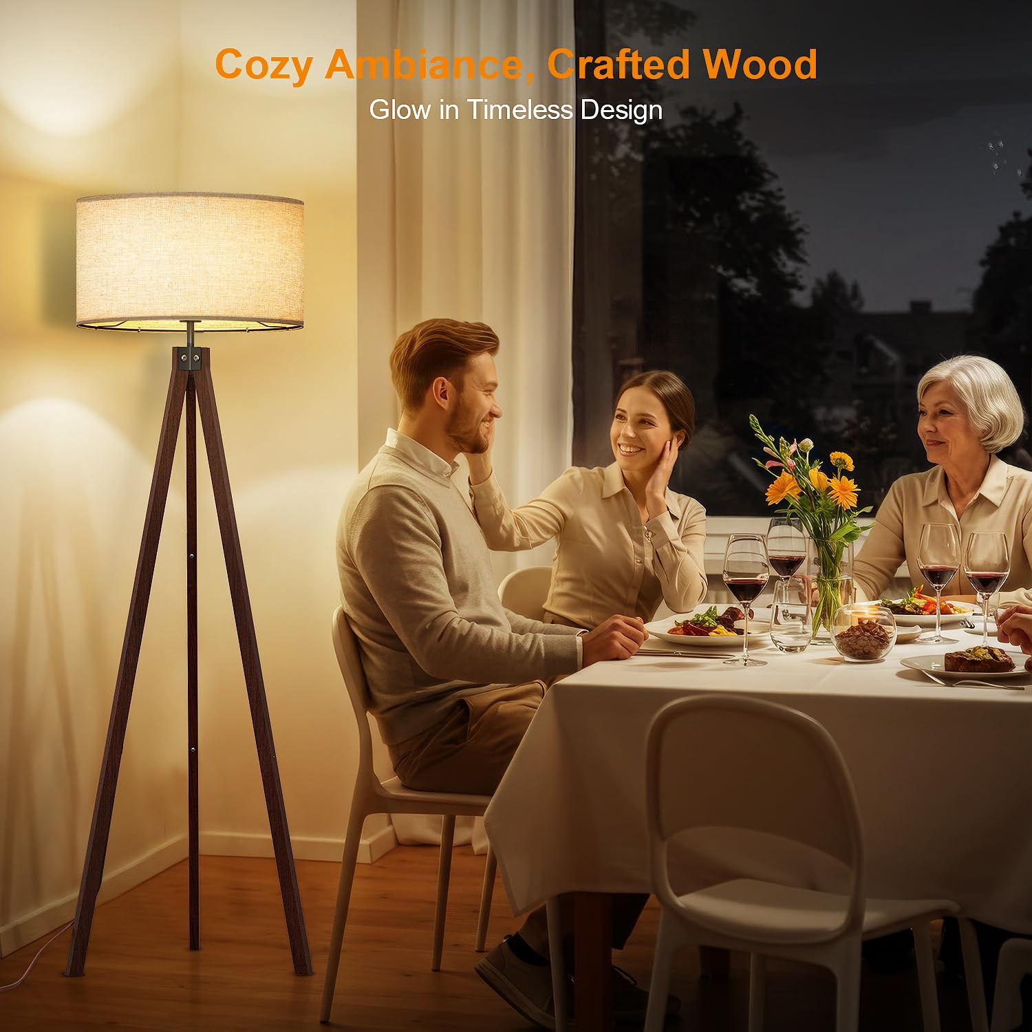 LEPOWER Wood Tripod Floor Lamp, Modern Design, Walnut Color, Model UF1101, Ideal for Living Room, Bedroom, Study, Office