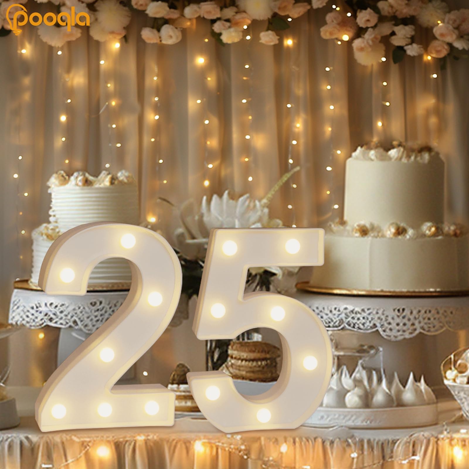 Pooqla Decorative Led Light Up Number Letters, White Plastic Marquee Number Lights Sign For 25Th Birthday Party Wedding Decor Battery Operated Number (25)