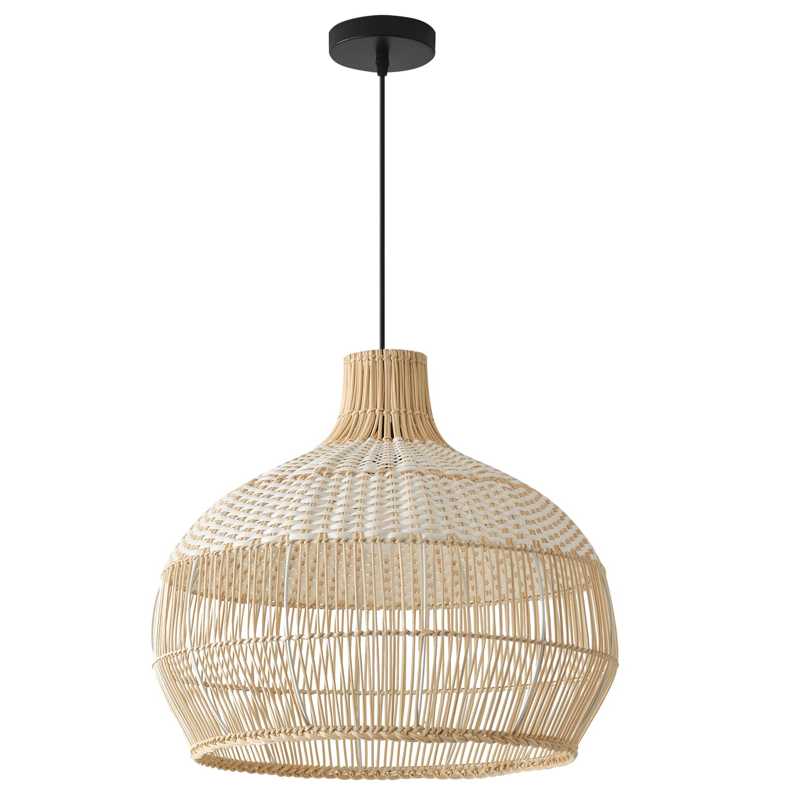 Teru Ji Kaikang 15" Rattan Pendant Light Fixture, Hand-Woven White Wicker Chandelier for Dining, Living Room, Kitchen