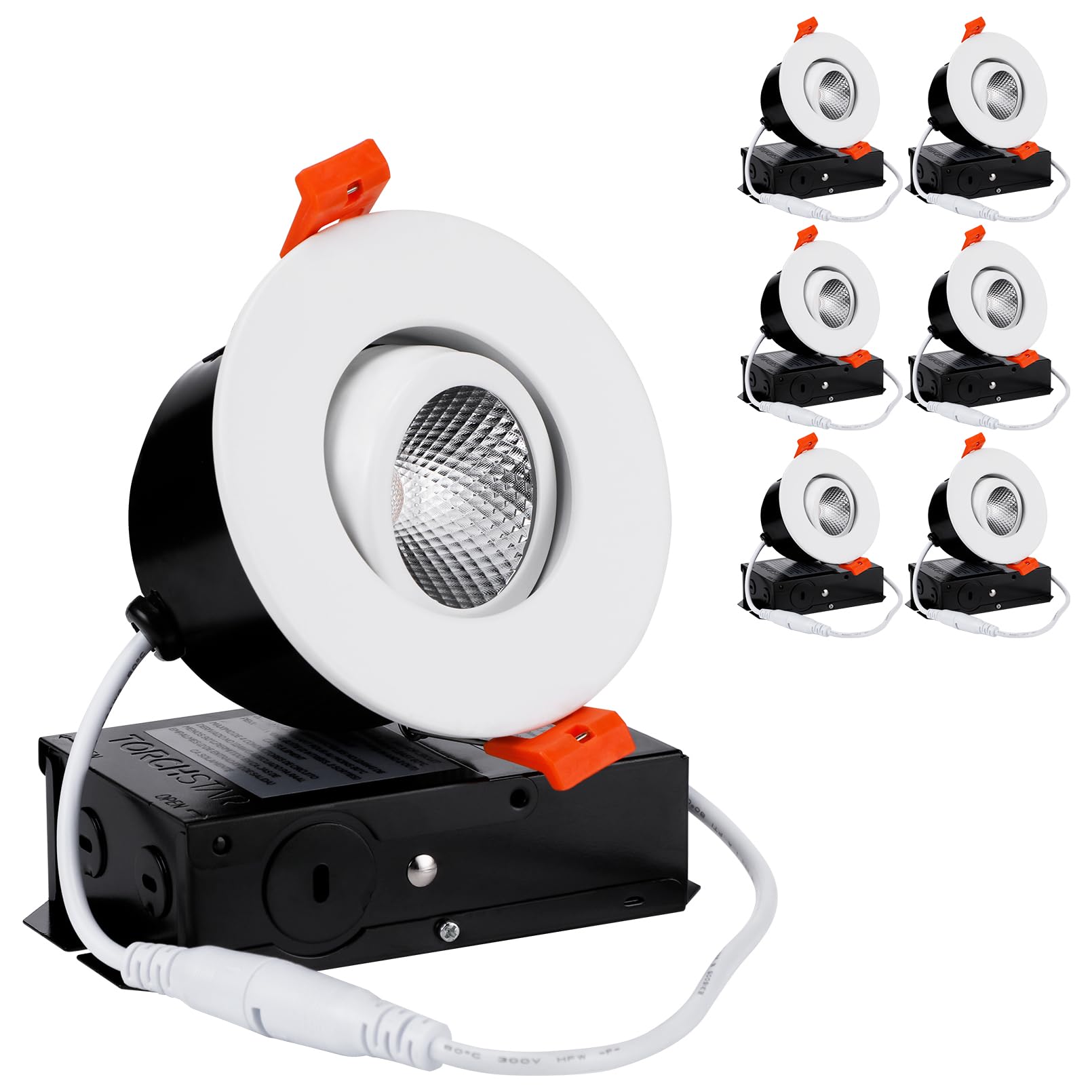 TORCHSTAR 3 Inch Gimbal LED Recessed Light, 7W Dimmable, 4000K Cool White, Pack of 6, Model XO1DJDL-3D