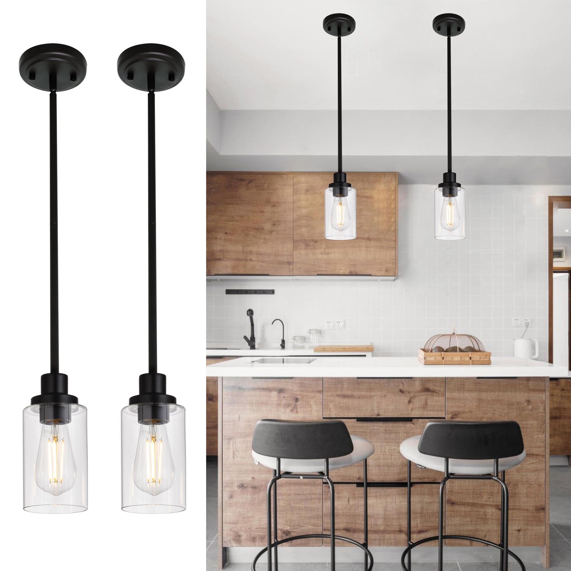 MELUCEE Black Pendant Lights for Kitchen Island, 5-Light Dining Room Light Fixtures Linear Chandeliers with Clear Glass Shade, D
