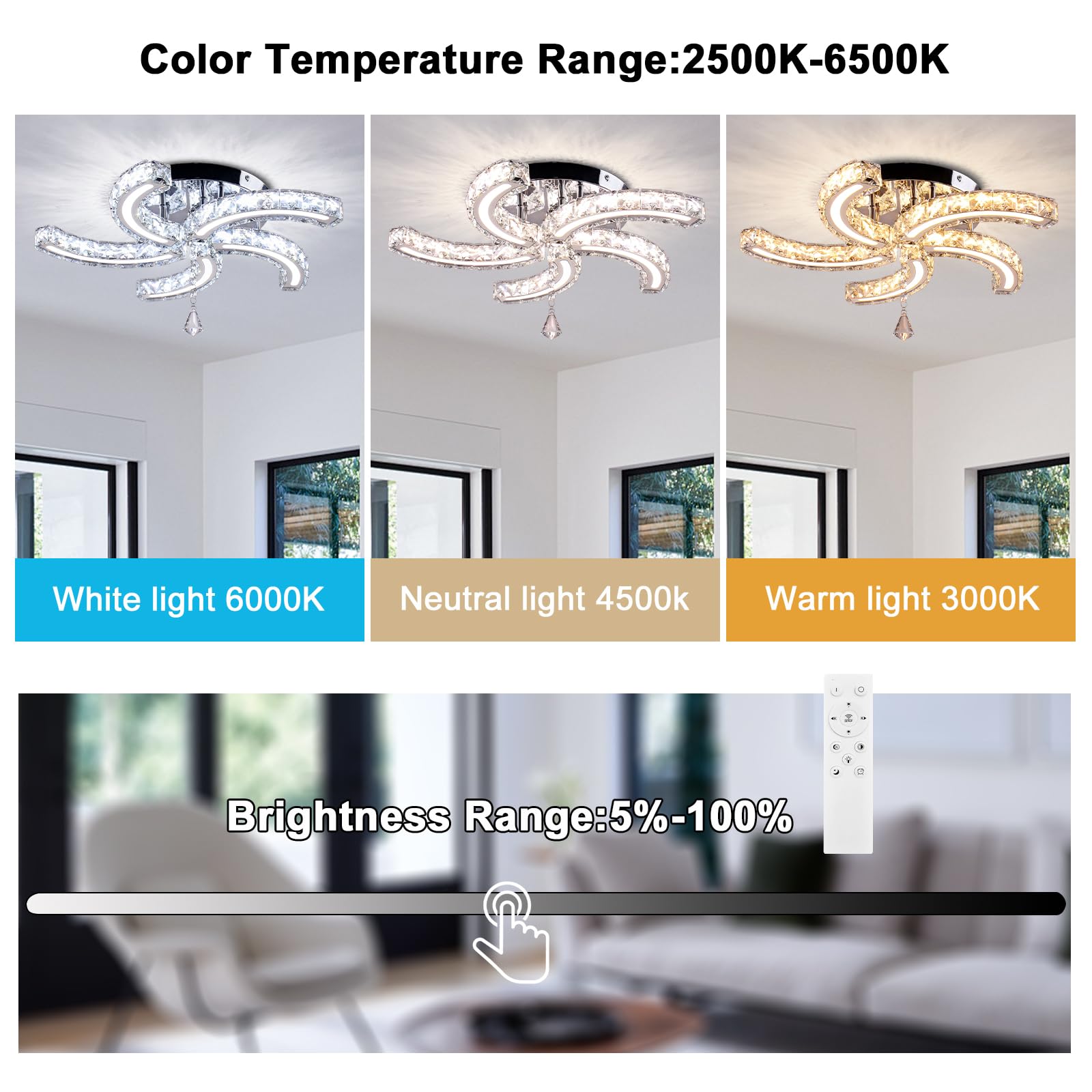 FRIXCHUR Modern Crystal Chandelier 5 Arms LED Light Fixture Flush Mount Dimmable with Remote, Acrylic, US-MC082-YKL
