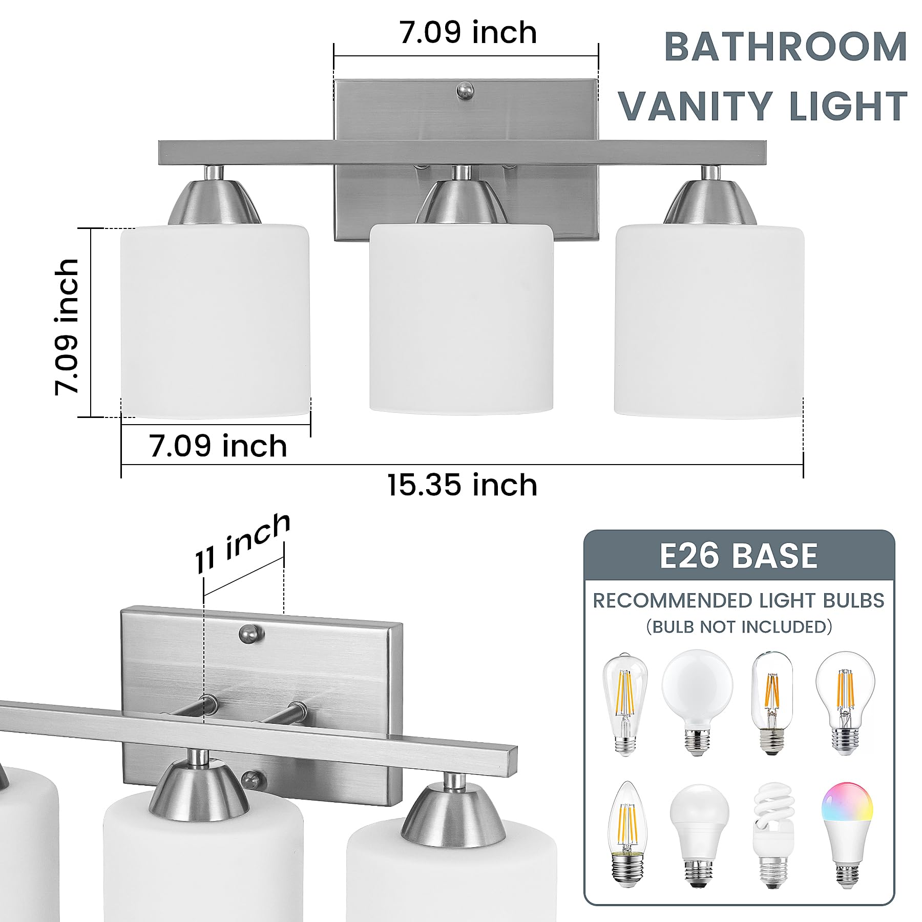 CANMEIJIA 3-Light Bathroom Vanity Light Fixture, Brushed Nickel, Aluminum, Milky White Glass Shades, Model CMJ-JQD-001