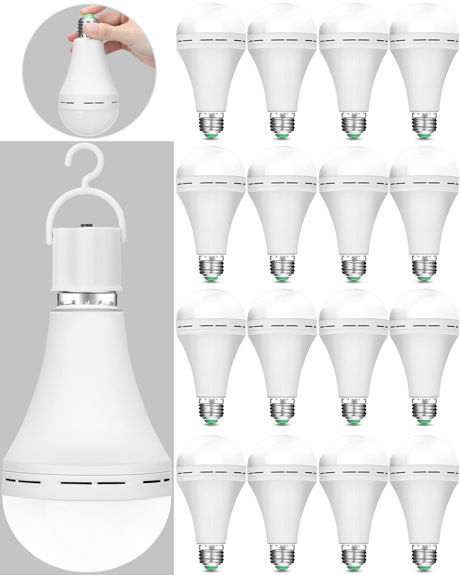 Mudder 12 Pack A21 Rechargeable Light Bulbs 12W Emergency Led Light Bulb Battery With E27 Base Hanging Hooks 1200 Mah 65W Equiva