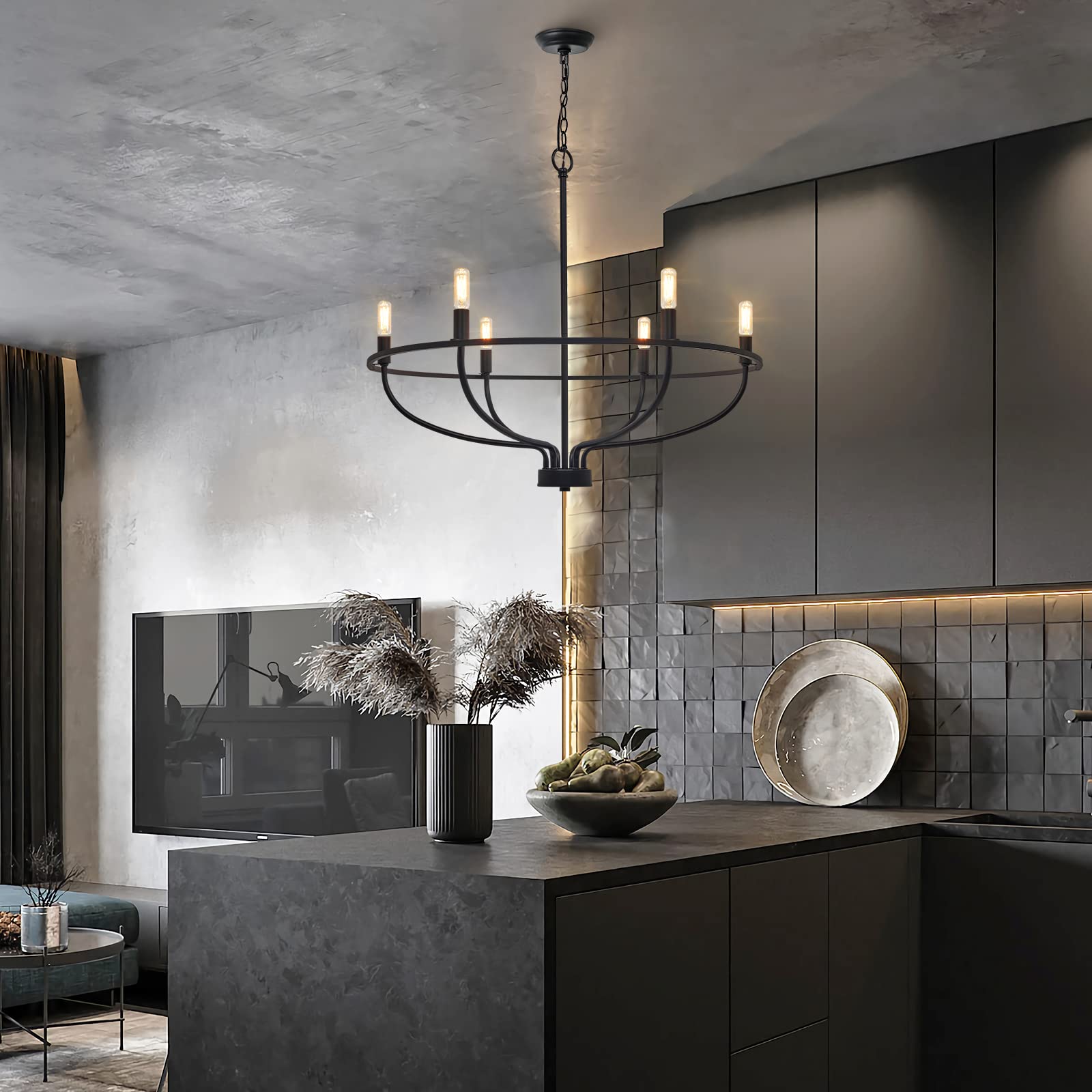 FookChak 6-Light Black Metal Chandelier - Farmhouse Candle Hanging Light Fixture for Dining Room, Kitchen, Bedroom, 28.54in