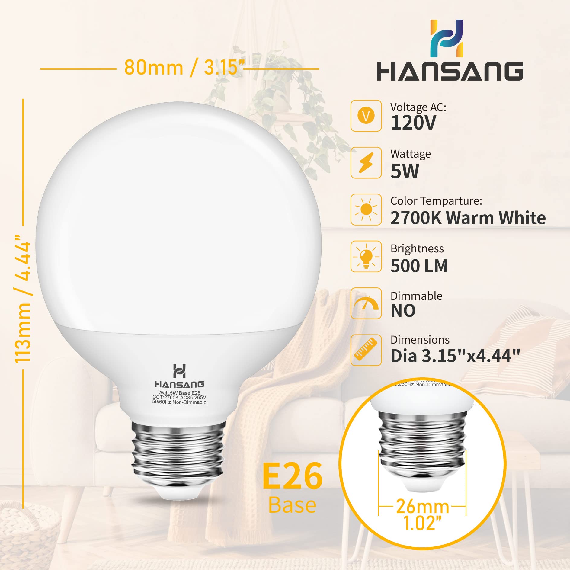 8 Pack G25 Led Bathroom Light Bulbs 2700K Warm White, Hansang Led Globe Light Bulb 60W Incandescent Equivalent, 5W Decorative Ro