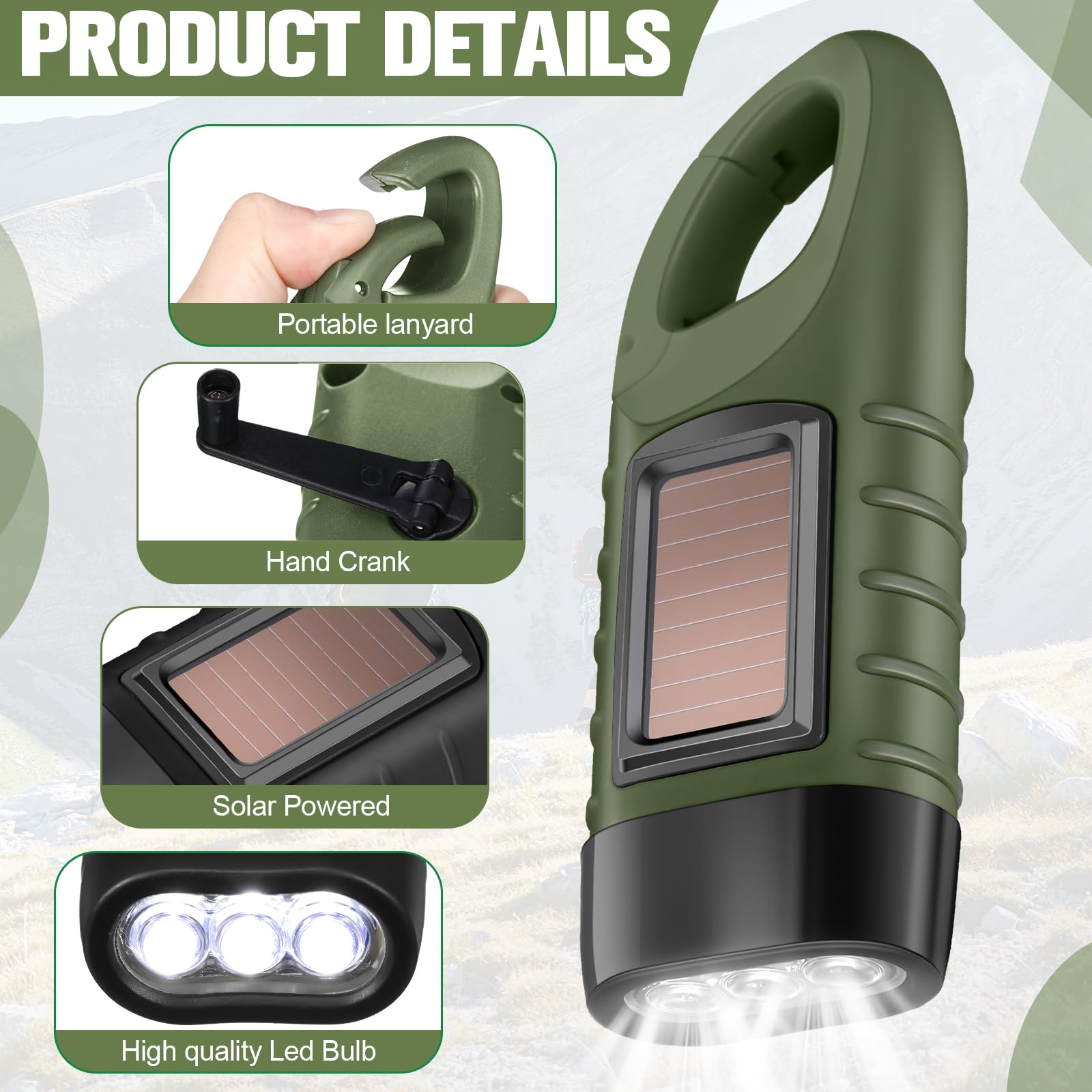 Mudder Hand Crank Solar Powered Flashlights - 6 Pcs Emergency LED for Outdoor Sports, Camping, Hiking - Green/Black, Model CL-Mudder-4655