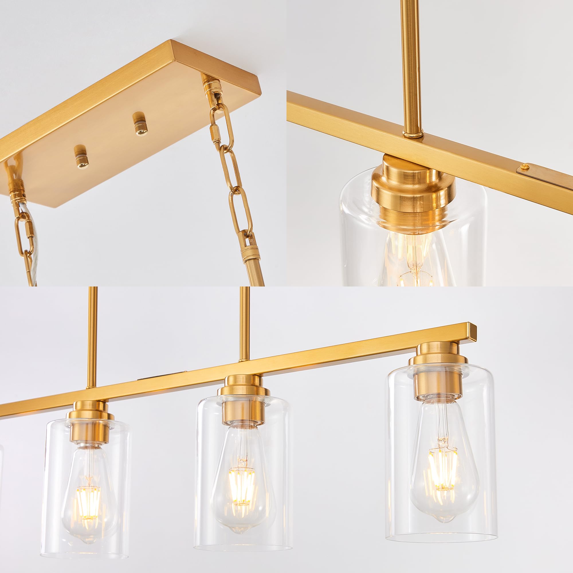 Mecgirn 5-Light Linear Chandelier Pendant, Brushed Gold Metal Light Fixture for Kitchen Island & Dining Room, Model D0017-5-G