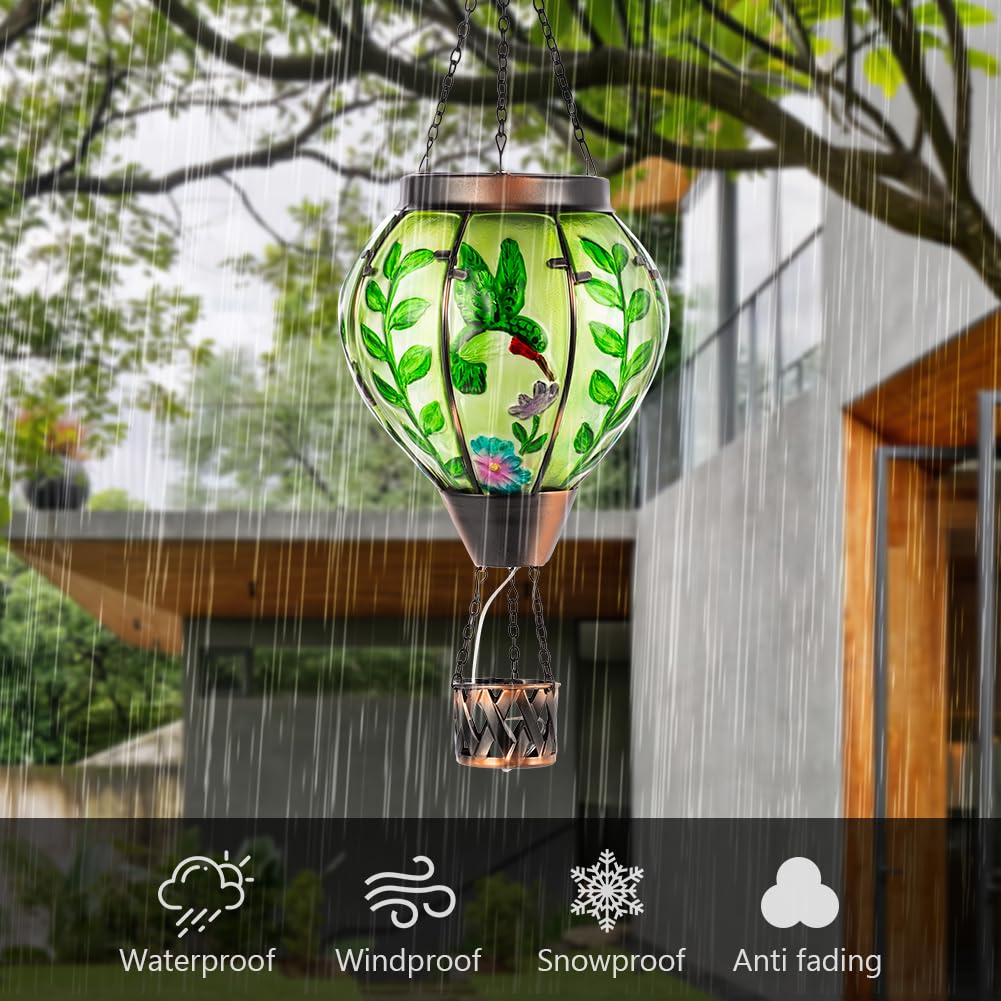 Giole Hummingbird Hot Air Balloon Solar Lantern With Flame , Waterproof Solar Lantern Hanging Glass Outdoor Lantern Decor For Pa