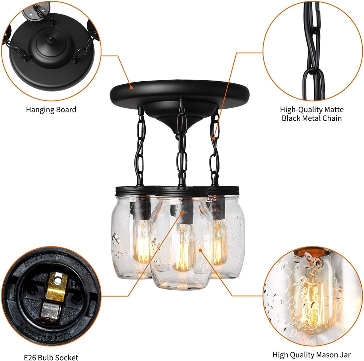 PUZHI HOME Mason Jar Pendant Light, 3-Light Chandelier for Kitchen Island, Black, Model 30