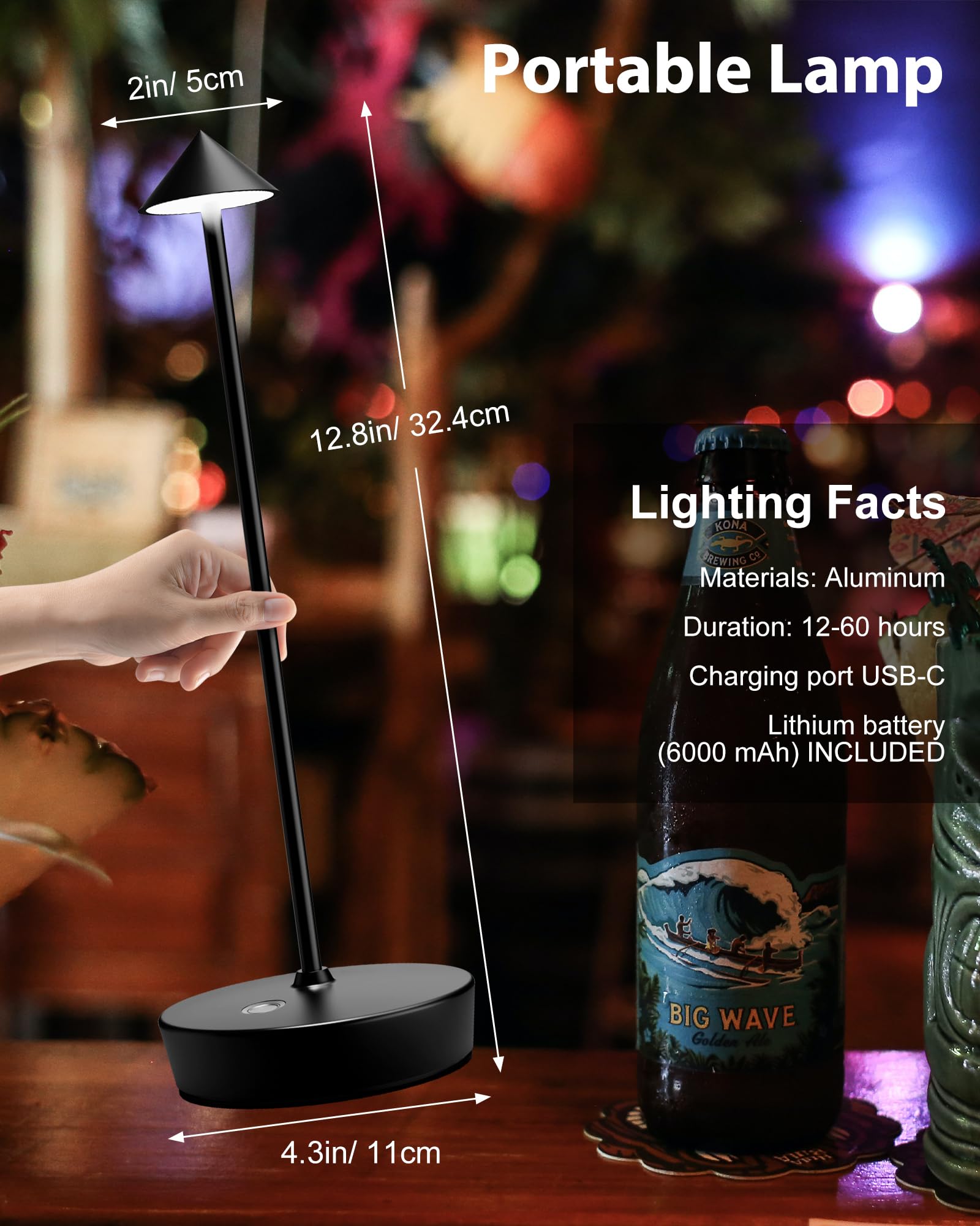 SHANGCAI Cordless Table Lamp Rechargeable LED Touch Dimmable 4.3x4.3x12.8 inches Black Model X12