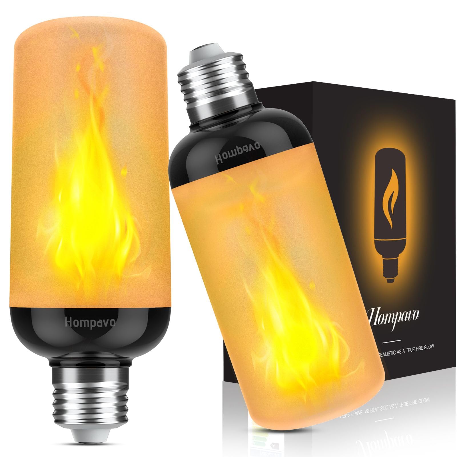 Hompavo Gen2 LED Flame Light Bulbs, 4-Mode Flickering Effect, E26, 2 Pack, PP Shell, Indoor & Outdoor Decorations