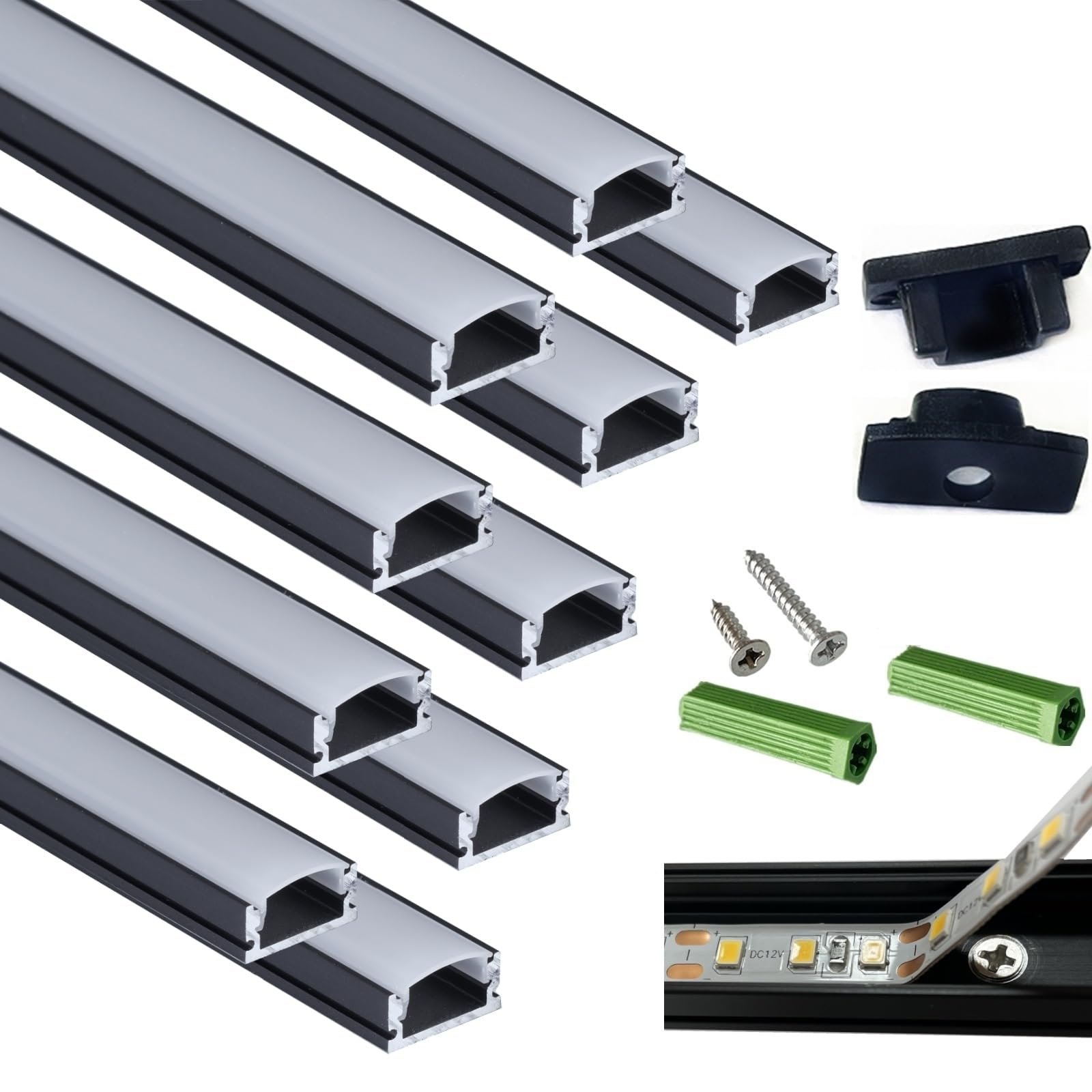 THMOOTHER 10-Pack 3.28FT Pre-Drilled Countersunk Hole LED Strip U Channel Diffuser, Matte Black Flush Mounted Under Cabinet Tape Light Aluminum Low Profile with Milky Cover (10, 3.28FT)