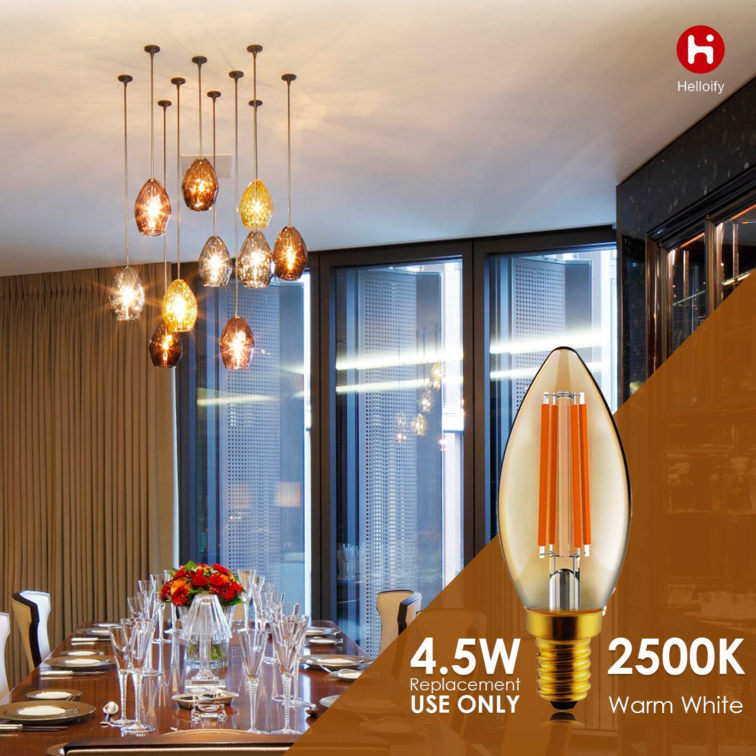 helloify B11 Dimmable Vintage LED Edison Candelabra Bulb, 60W Equivalent, High Brightness, 2500K Warm White Light, Amber Glass,