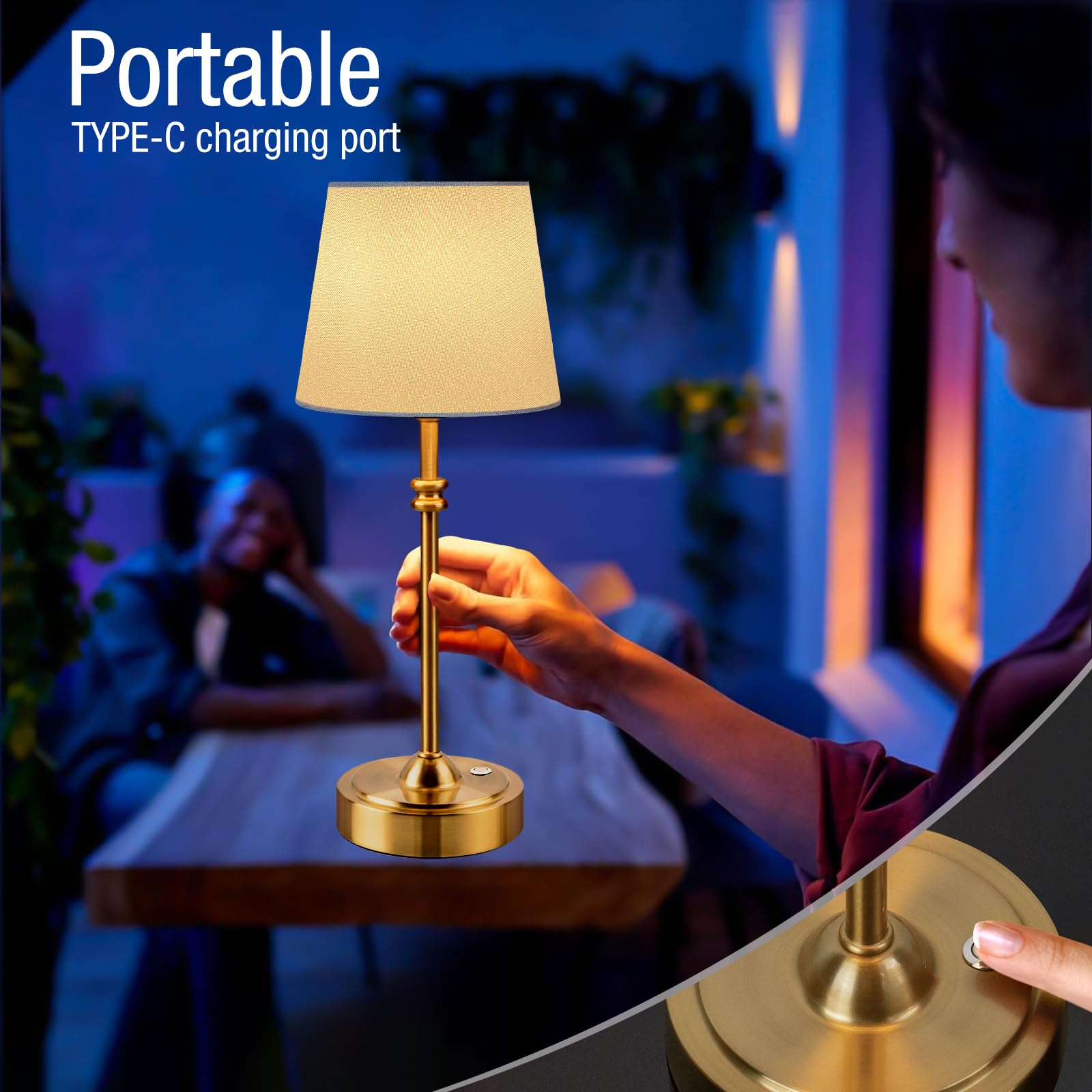 Onewish Cordless Table Lamps Set Of 2 - Battery Powered Lamp, 4000Mah Rechargeable, Stepless Dimmable, Wireless Lamp With Fabric
