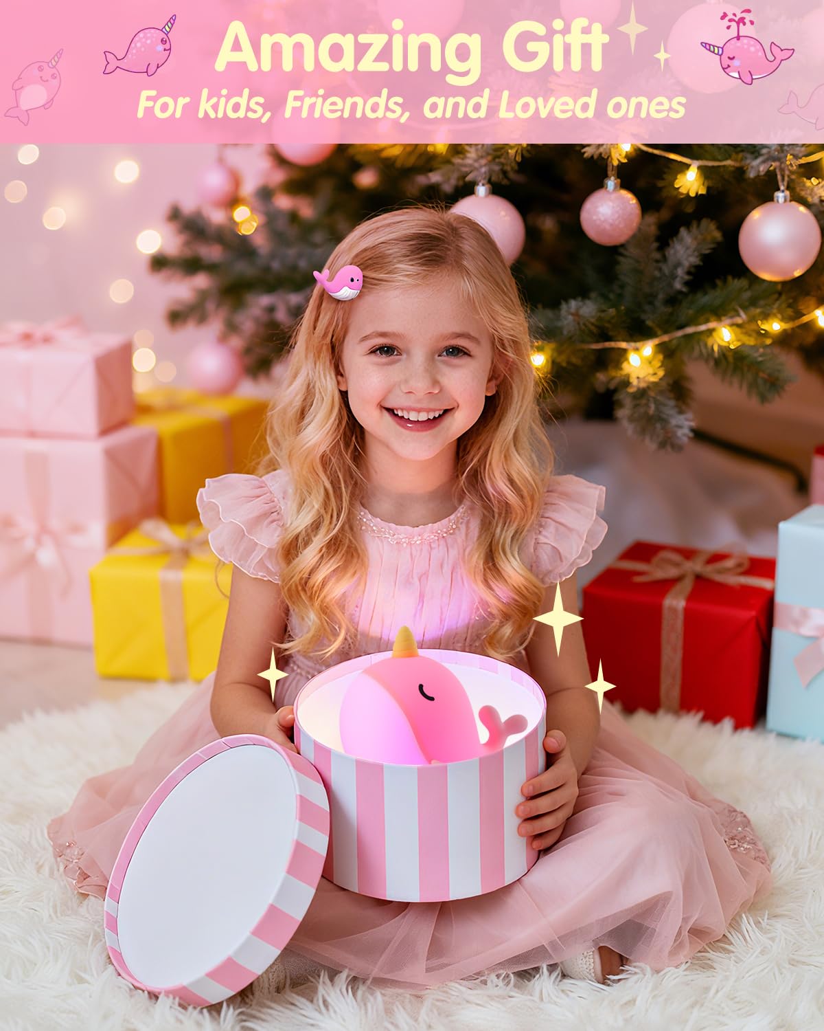 Fuloon Narwhal Night Light With Whale Shape  Squishy Silicone Kids Lamp  Safe & Soothing Touch Control For Kids And Babies  Usb-C Rechargeable  30-Min Auto Timer  Gift Idea (Pink)