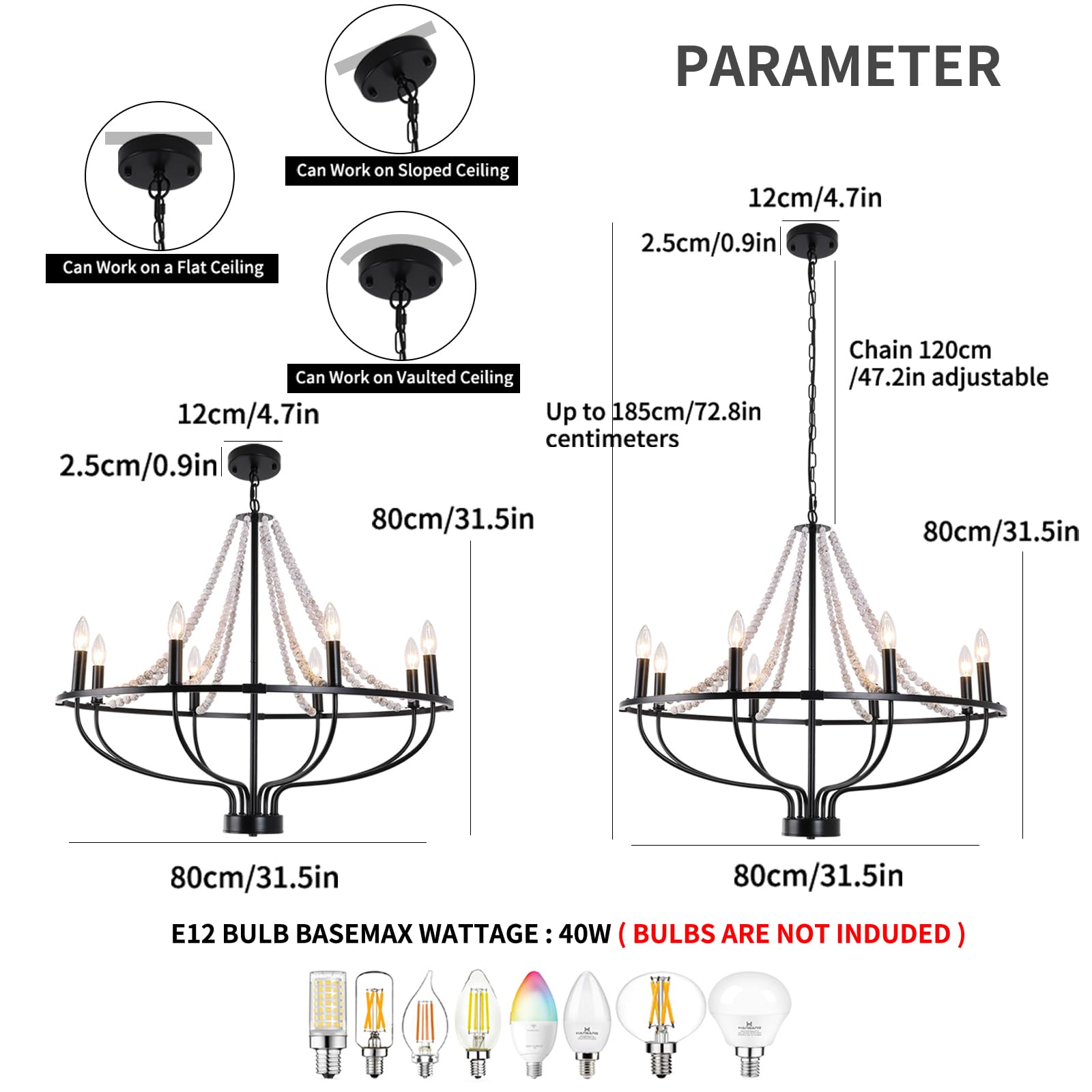Ganeed Vintage Chandeliers,8-Light Round Wagon Wheel Chandelier With Wood Beaded,Black Farmhouse Pendant Light, Adjustable Heigh