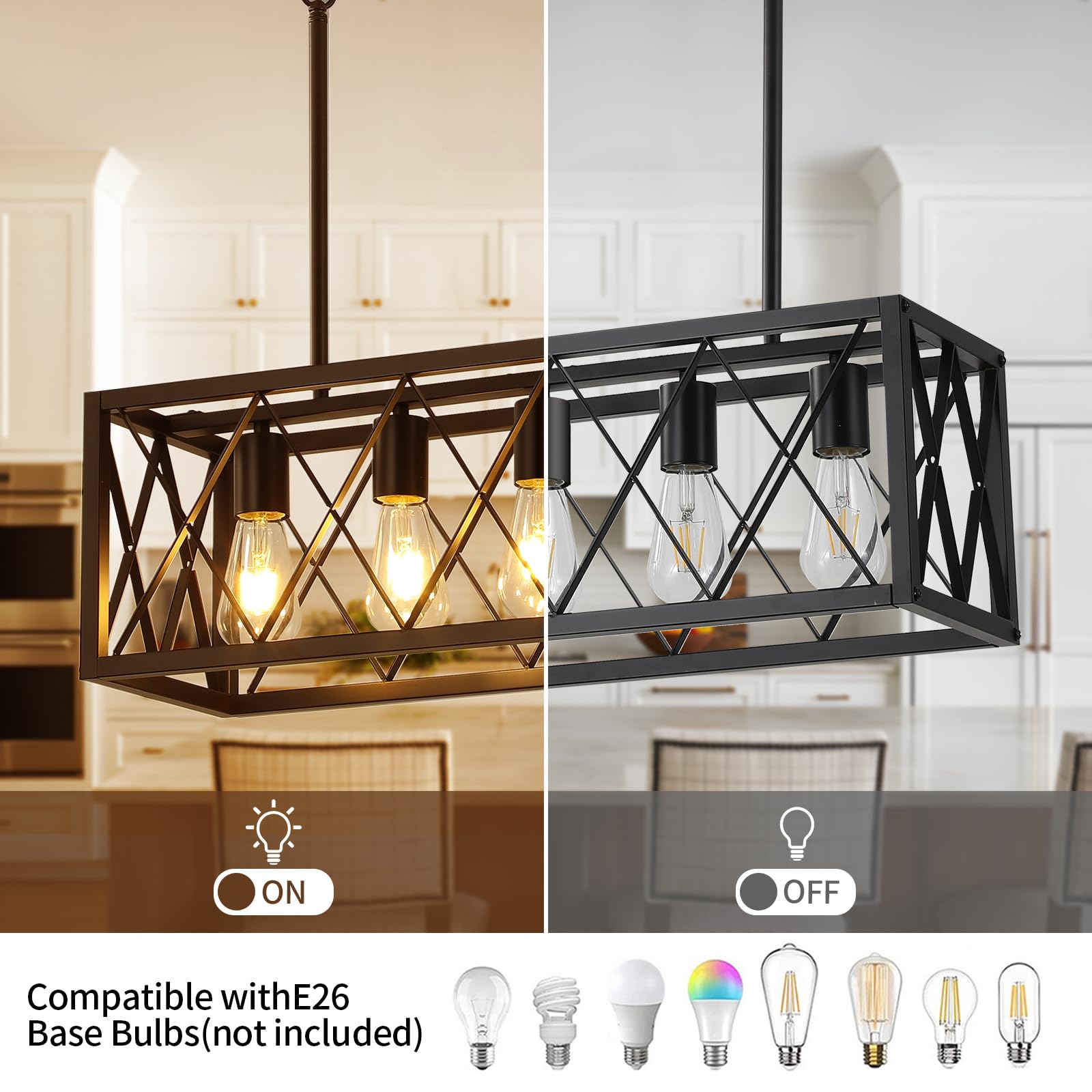 Keesfu Black Farmhouse Kitchen Island Lighting, 5 Lights Pendant Lighting Fixtures, Adjustable Height, Industrial Dining Room Light For Living Room Foyer Dining Table Over Sink.