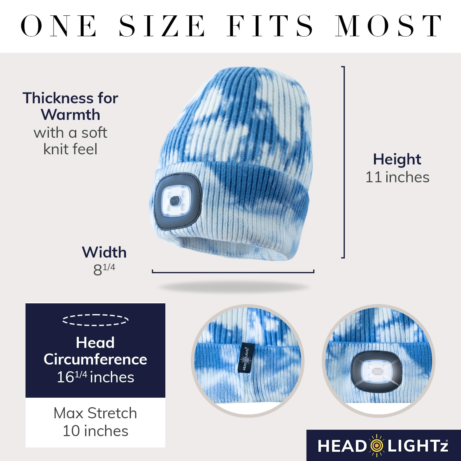 Head Lightz Headlightz By Roq Innovation - Beanie With Light, Unisex Led Beanie Hat With Light Built In, Rechargeable, Blue Tie