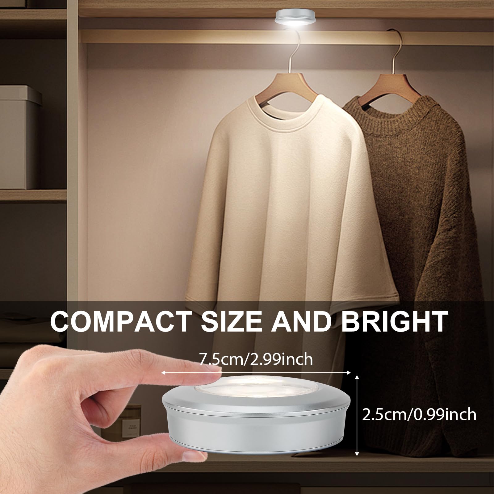 Bigmonat Led Puck Light  Stick On Lights  Closet Lights Battery Operated  Tap Lights  60 Lumens Touch Light  Under Cabinet Lighting  Ideal For Kitchen Cabinets  Closets  3-Pack  Silver