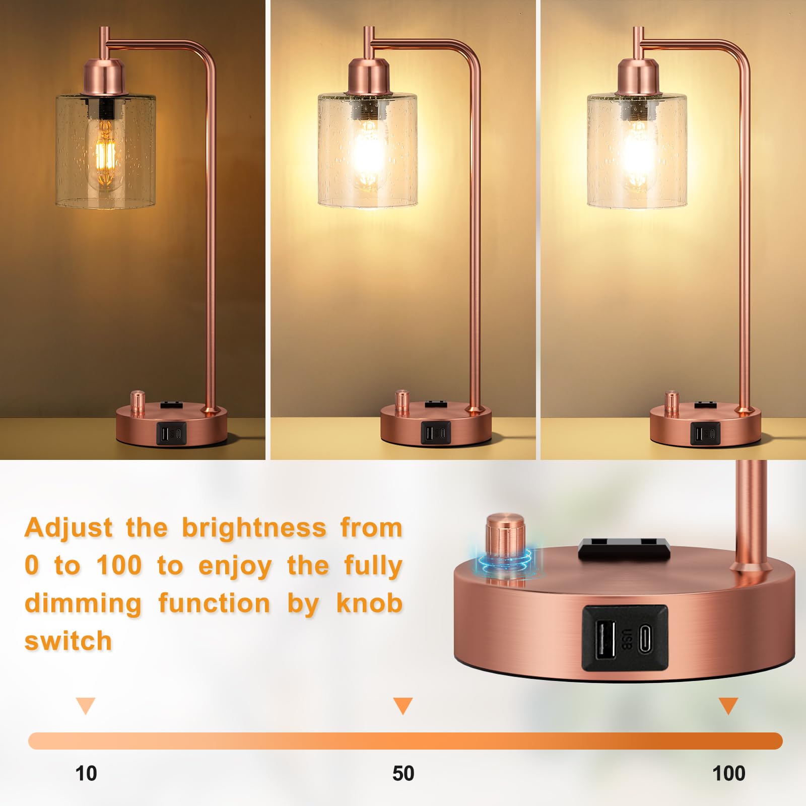 Innqoo Copper Industrial Bedside Table Lamp For Bedroom - Nightstand Lamps With Usb C Charging Port, Fully Dimmable Black Ports