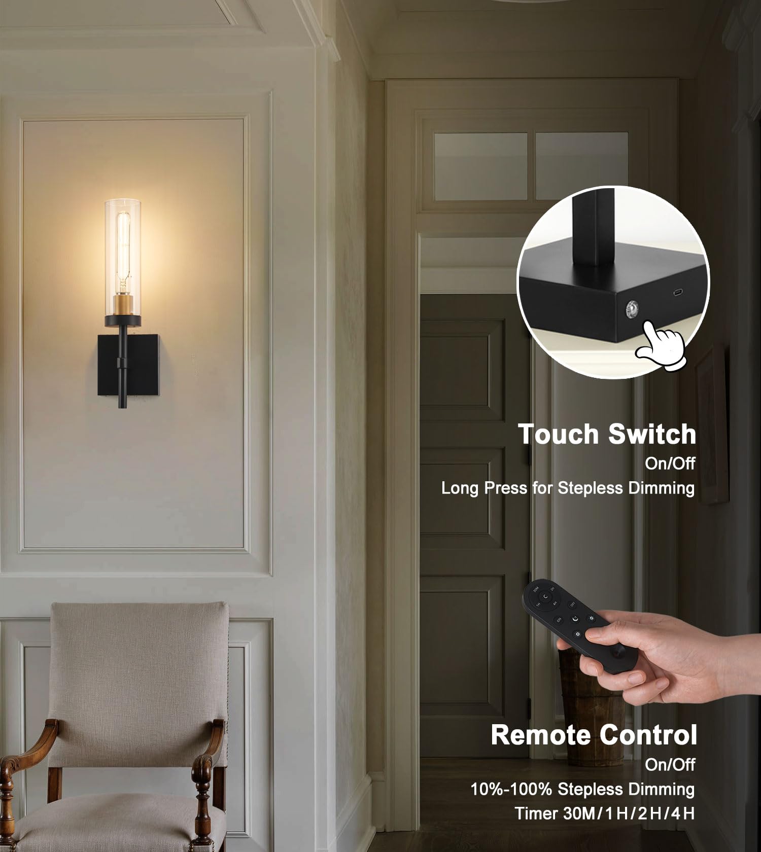 SANTOSTOCK Wireless Wall Sconces - Remote Control, Battery Operated, Dimmable, 2 Pack, Black & Gold, Model SSW018B1-2C