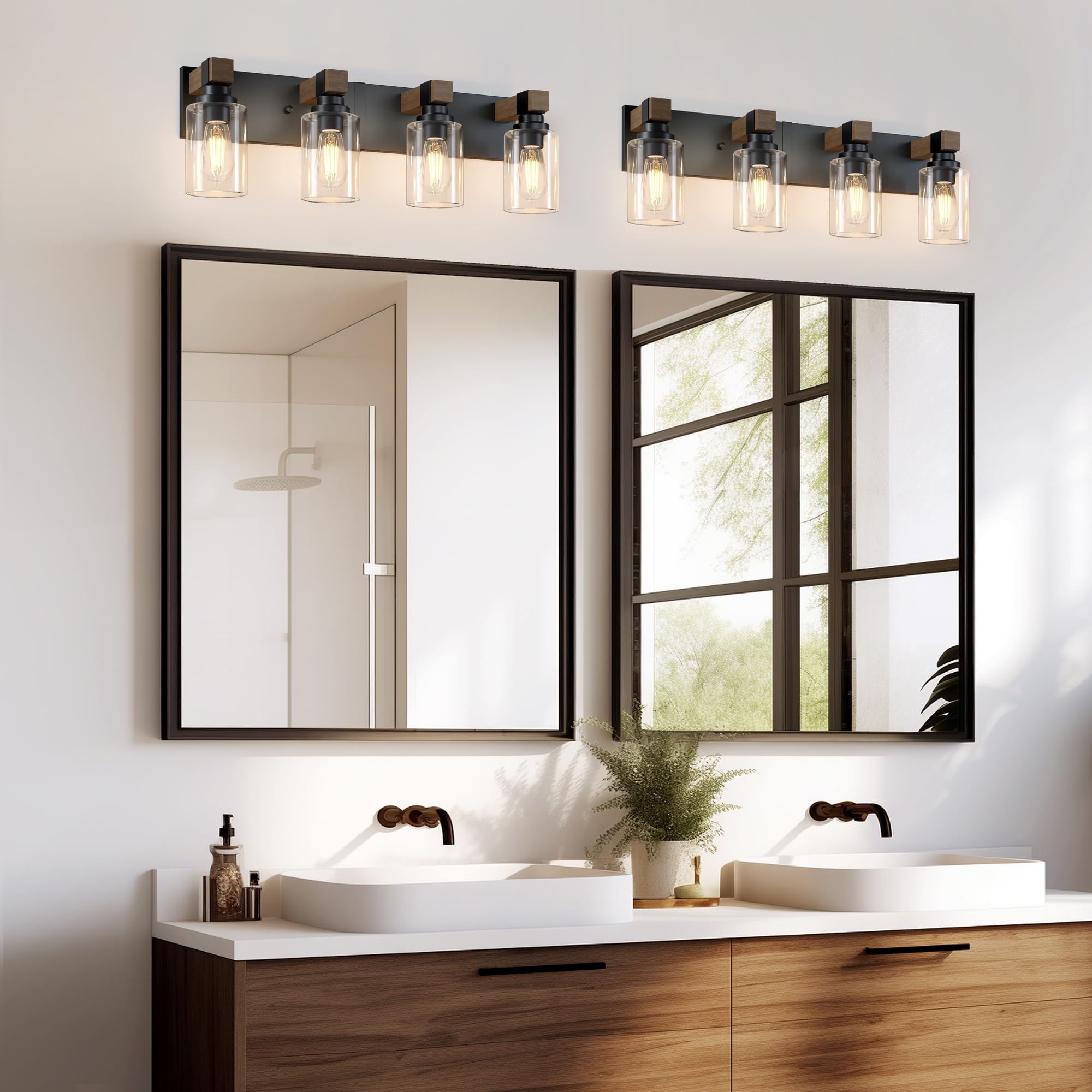 DvmTeom Farmhouse Bathroom Vanity Light - Rustic 4-Light Black & Wood Sconces with Glass Shade, Model D6005