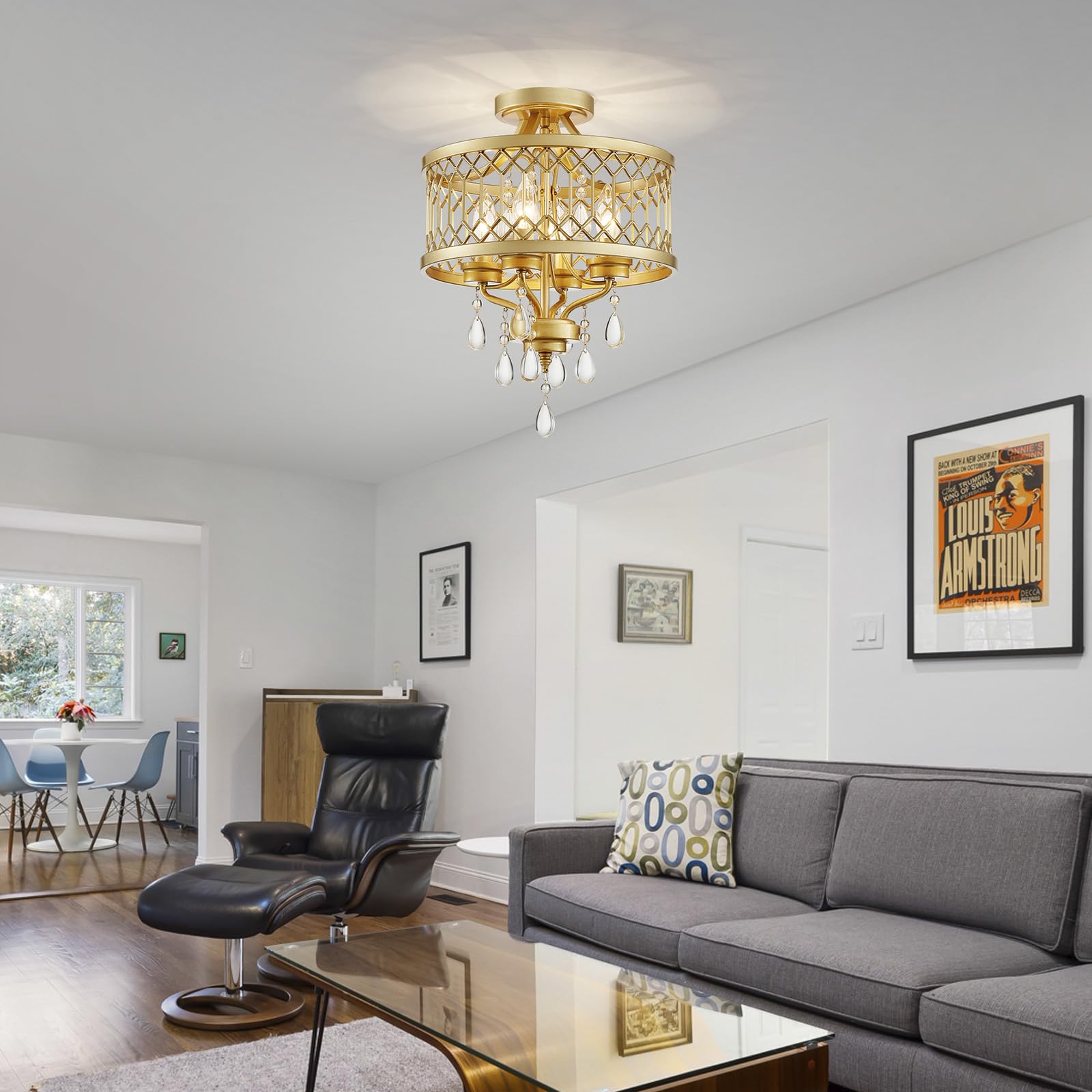 Crystal Ceiling Light Fixture  Farmhouse Semi Flush Mount Ceiling Light  Gold Crystal Chandeliers For Dining Room Light Fixture  Hallway Lighting Fixtures For Kitchen Bedroom Bathroom Foyer Entryway