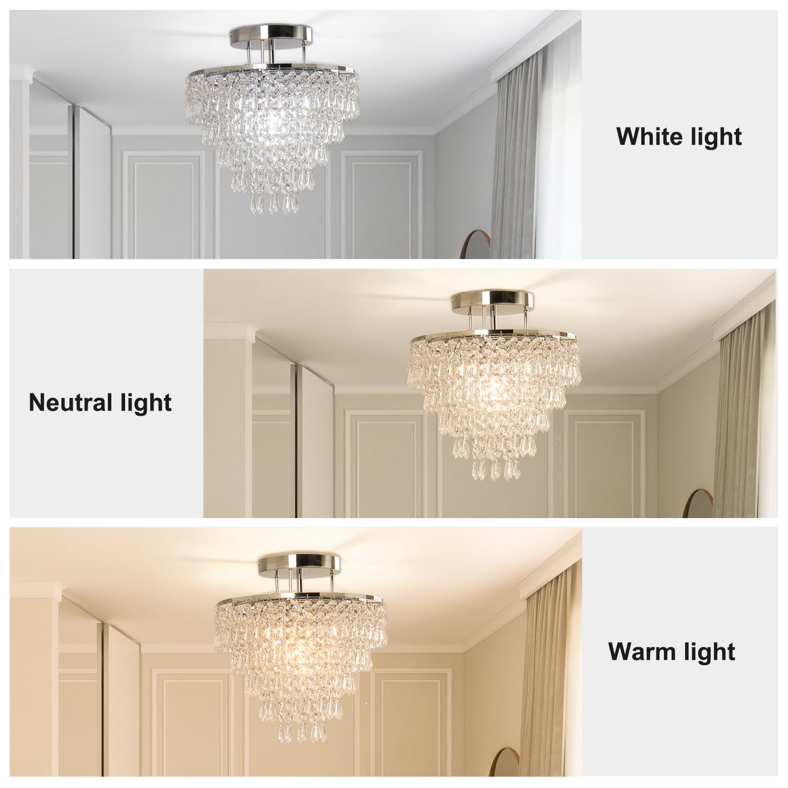FRIXCHUR Crystal Chandelier Chrome Flush Mount Light, 11.8", 5 Tiers Raindrops for Bedroom, Hallway, Living Room, Model 300-049-G
