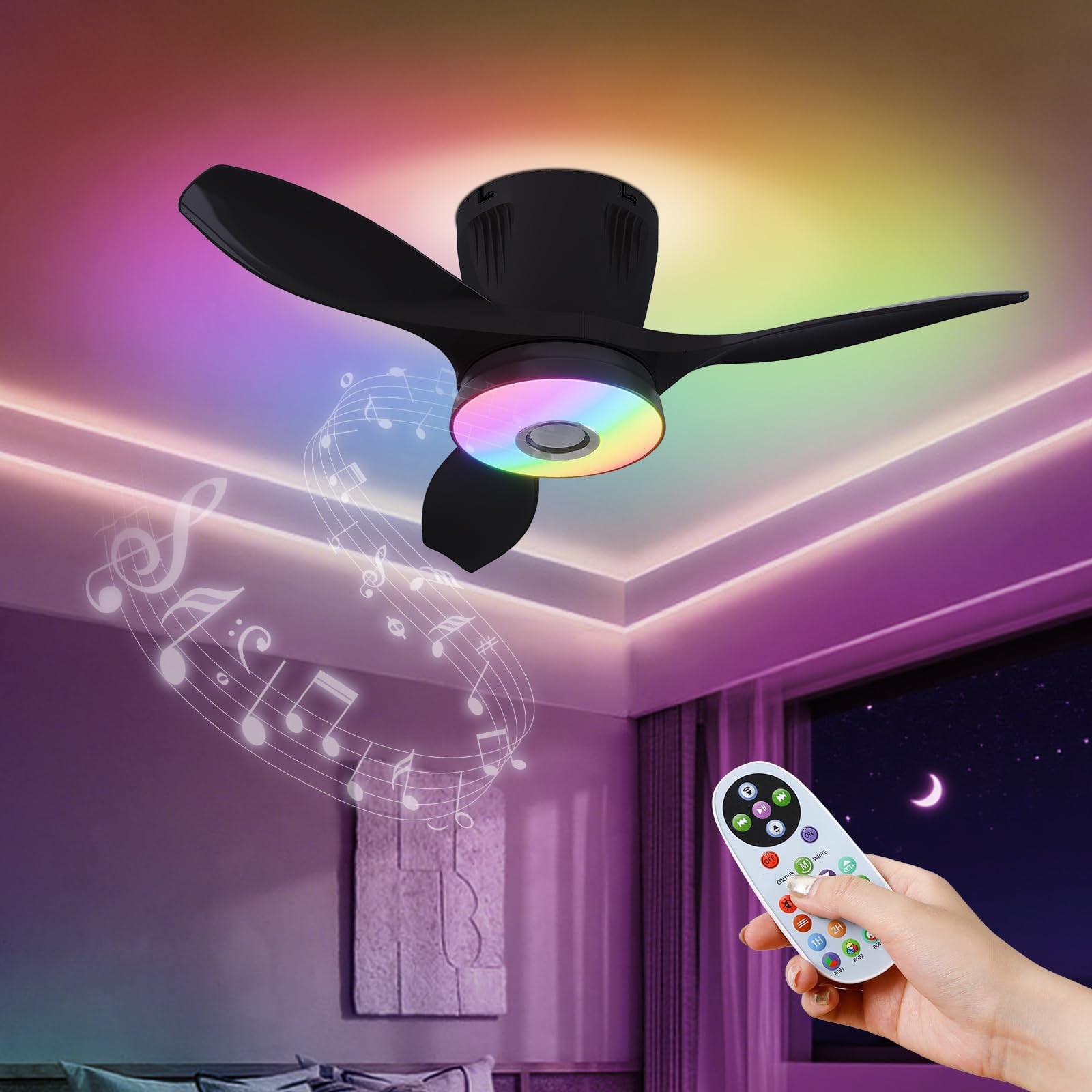WVMNQO RGB Fan Light with Bluetooth Speaker, 21 Low Profile Ceiling Fan with Light Remote Control, 3CCT Stepless Dimmable, Night