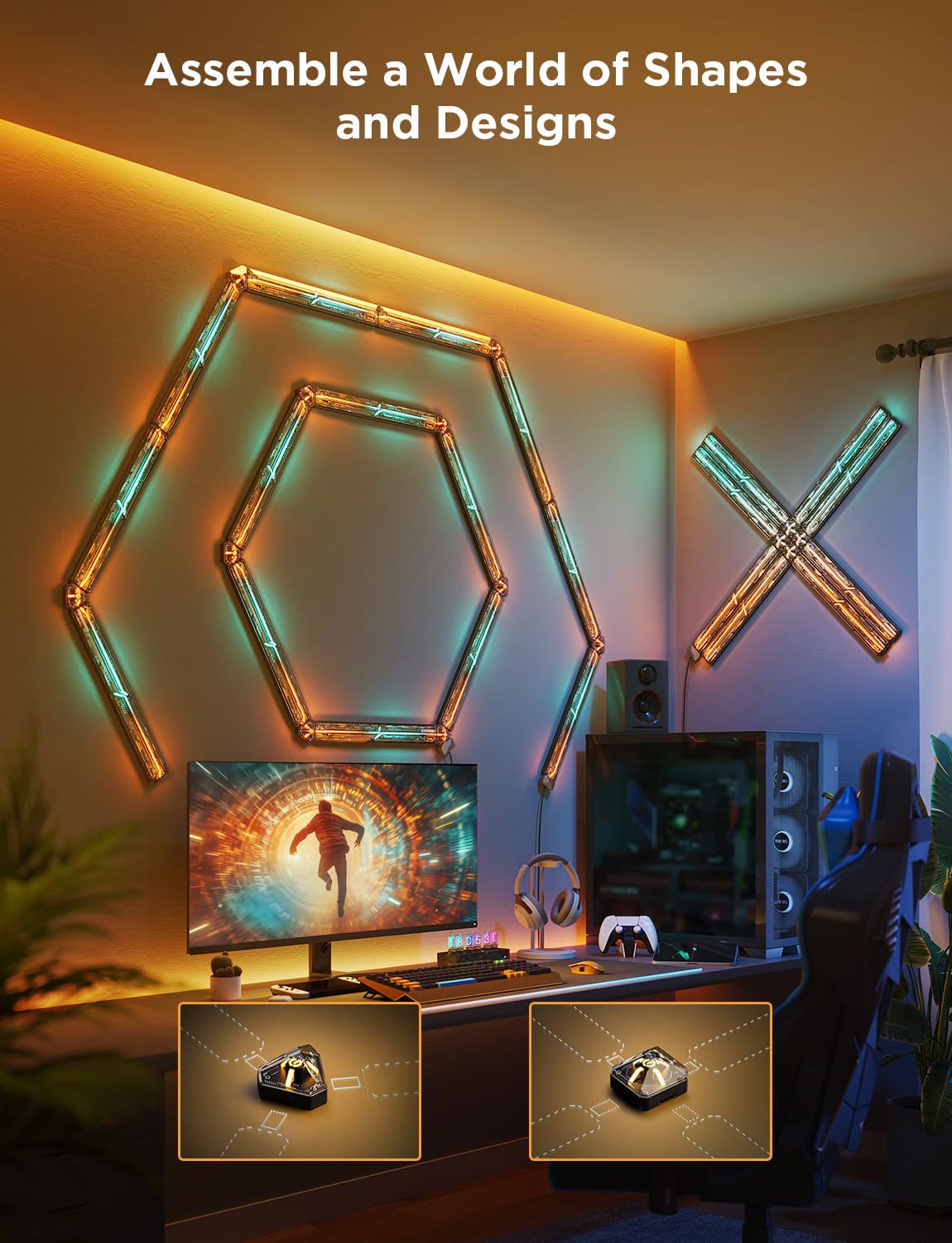 Govee Gaming Wall Light Expansion Kit - Includes 2 Light Sections, Black, Model H1063F, Expandable Up to 12 Sections